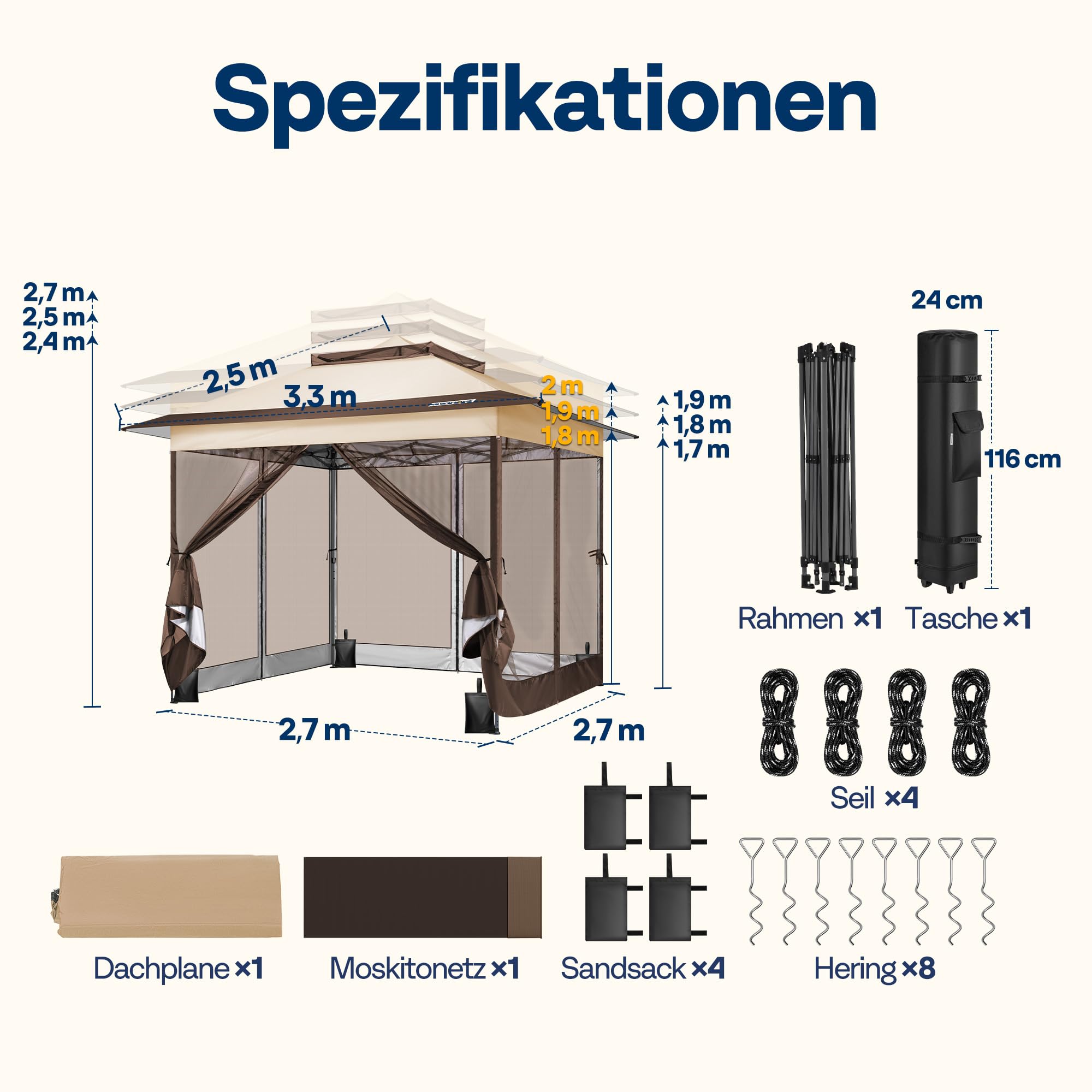 VIVOHOME Pavillon 3 x 3 m Zelt für Außenbereich wasserdicht mit Moskitonetz tragbare Rolltasche für Hof Camping Picknick Partys und Veranstaltungen