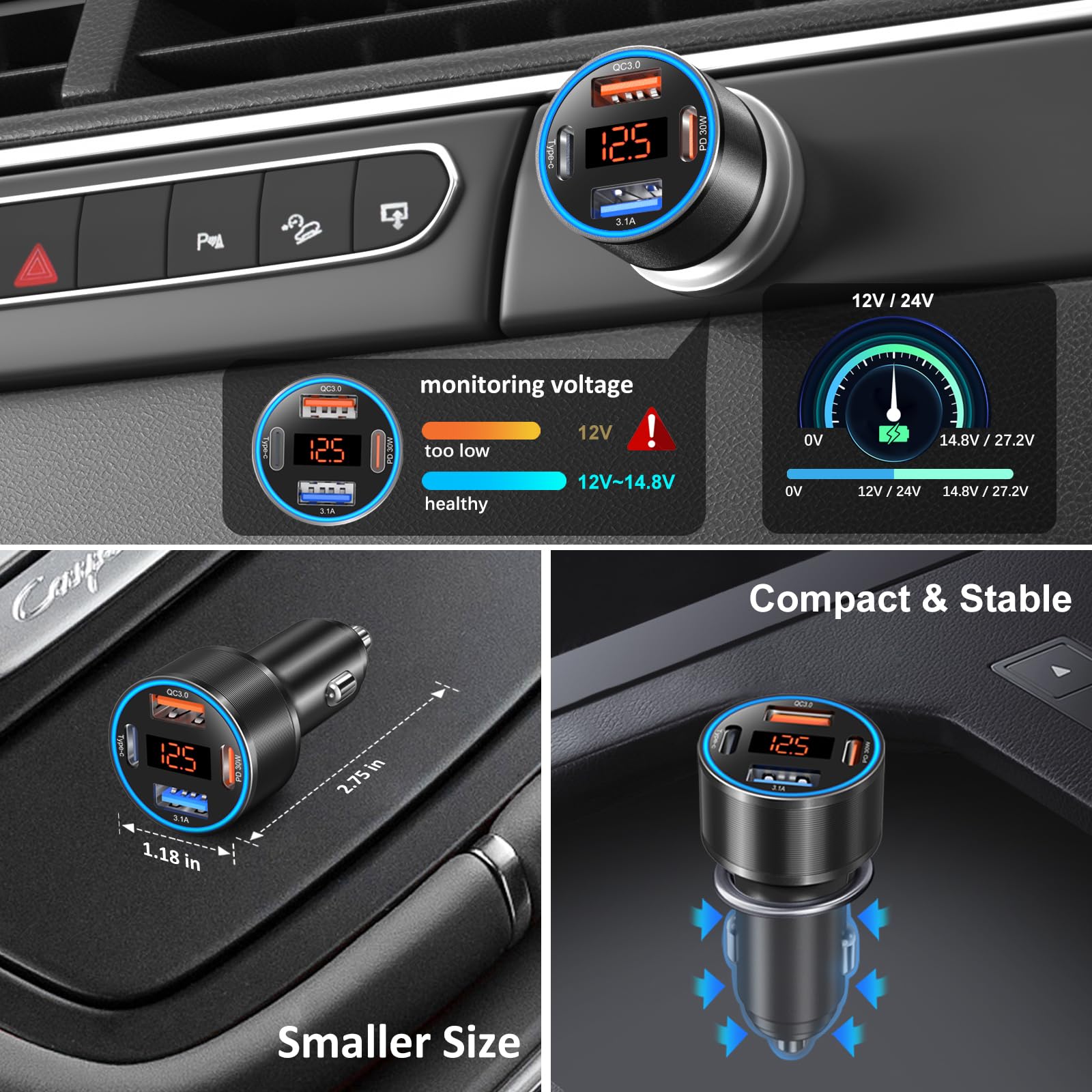 Cargador de coche USB de 65 W con voltímetro (negro, 2 unidades)