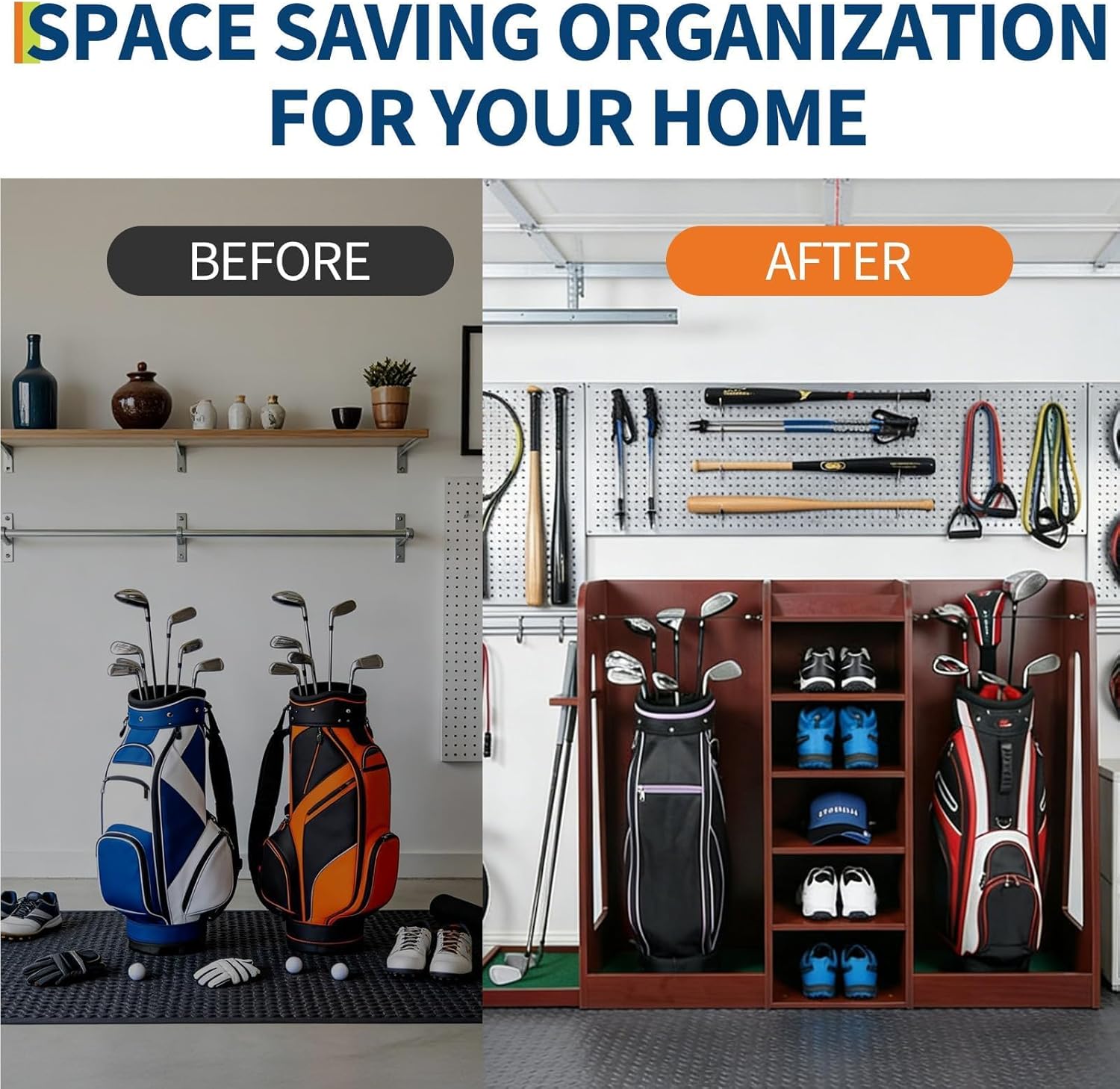 Golf Bag Storage and Organizer Rack, Wooden Golf Club Holder Rack, 2 Golf Bags Capacity, Premium Golfing Accessories Storage for Garage, Basement, Easy to Assemble, Ideal Golf Equipment Organizer