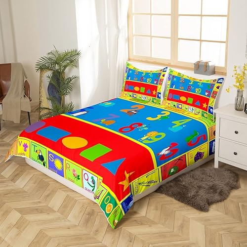 Miniatura 2 de jejeloiu Juego de funda de edredón de aprendizaje educativo para niños y niñas, números ABC con formas del alfabeto, juego de ropa de cama ultra