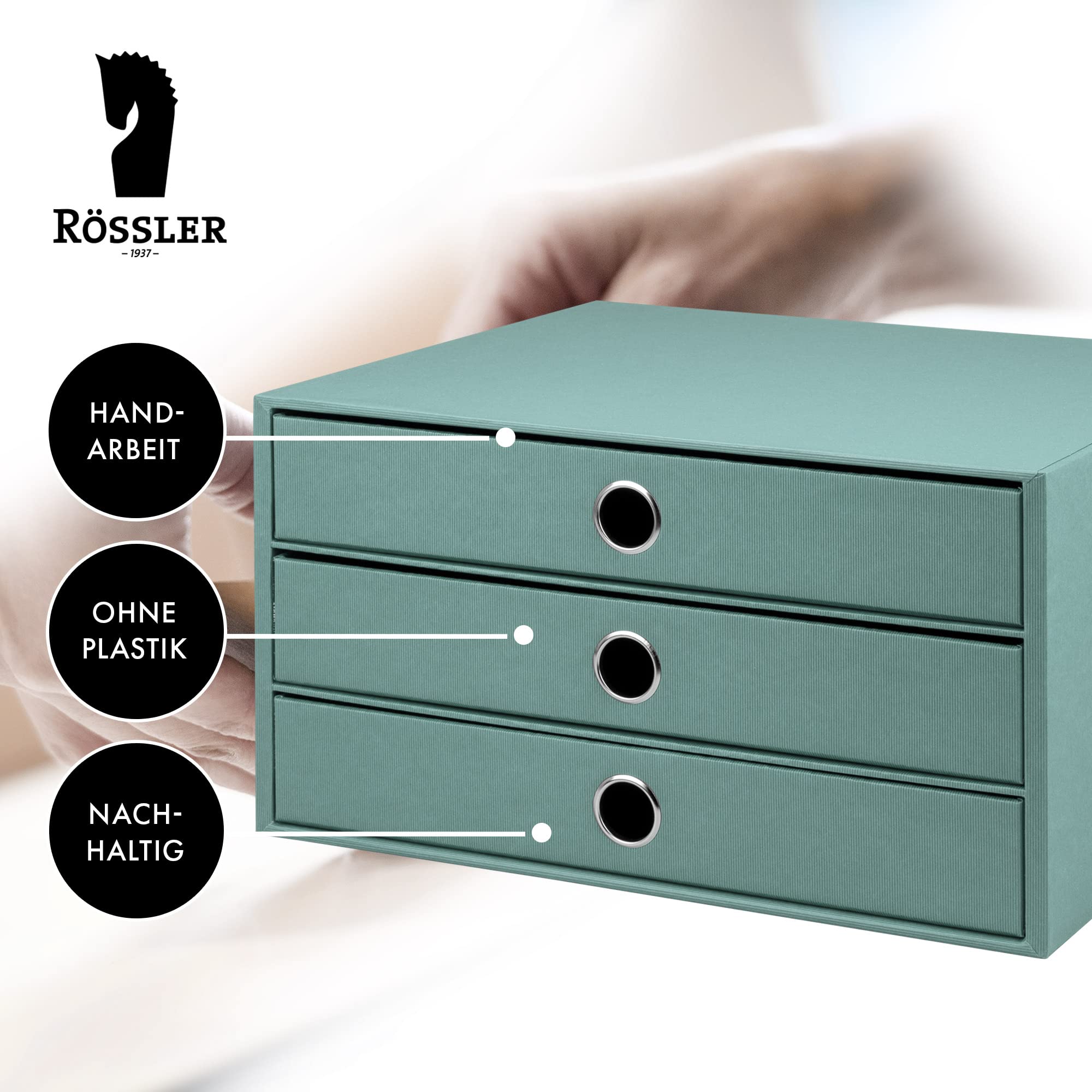 Rössler SOHO 3er Schubladenbox A4 aus Papier | Büro Organizer Schreibtisch| Schubladen Organizer Büro Zubehör & Bürobedarf | Schreibtisch Organizer Box | 34 x 25 x 19 cm | 1 Stück | Farbe: Grün | Opal