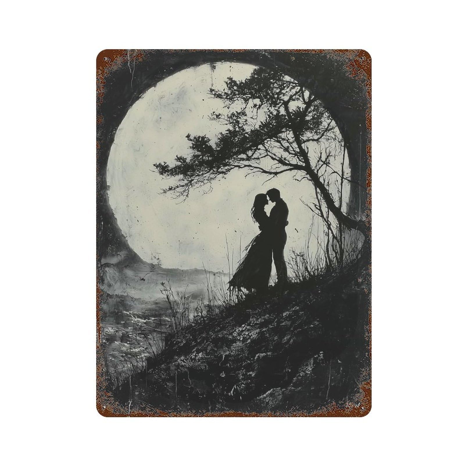 Aged Metal Wall Plaque with Romantic Moonlit Embrace - Charcoal Style Design 15.7"x11.8", for Farmhouse, Kitchen And Entryway Decor, Old School Wall Decor