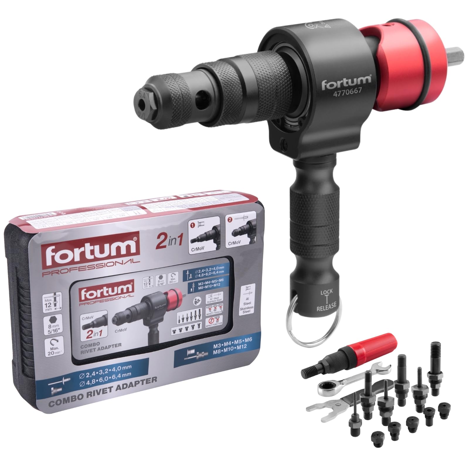 Adaptador 2 en 1 para Remachadora para Taladro y Atornillador | Para Remaches Ciegos y Tuercas Remachadas de Aluminio, Acero y Acero Inoxidable | Remaches 2,4-6,4 mm + Tuercas Remachadas M3-M12