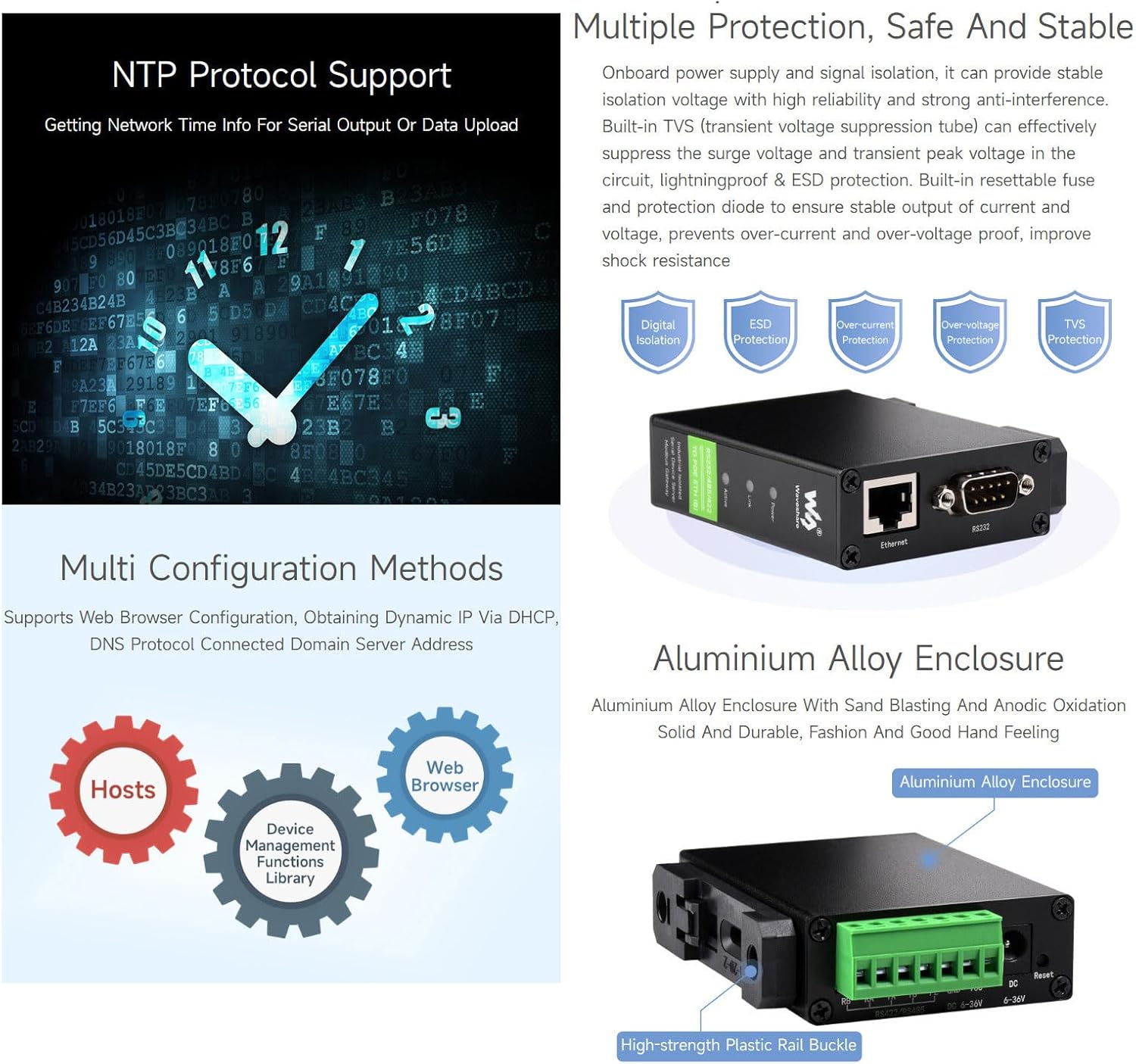 Waveshare Industrial Serial Server, RS232/485/422 to RJ45 Ethernet Module, TCP/IP to Serial, Small