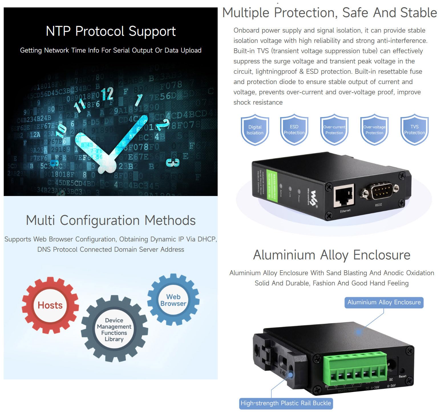 Waveshare Rail-Mount Serial Server RS232/485/422 to RJ45 Ethernet Module POE Function TCP/IP to Serial Supports Modbus Gateway for Data Acquisition IoT Gateway and Intelligent Instrument Monitoring
