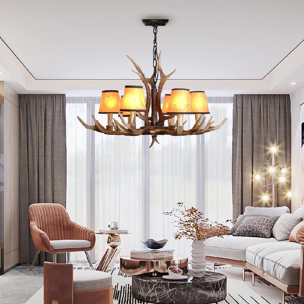 Vintage Pendant Lights dining room Pendant Lamp E14 Antique resin antlers Chandelier Height Adjustable Ceiling Lighting Indoor Metal Hanging Lamp for Room Bar Ceiling Light Fixture(Orange,4 heads)