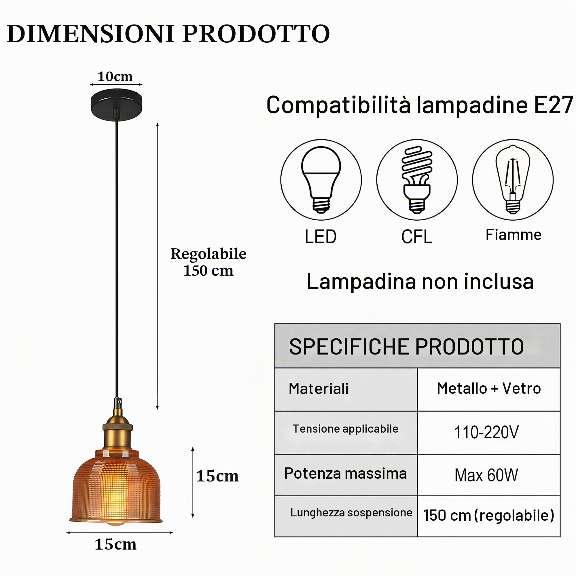 Lampadario Vintage in Vetro Rotondo e Ottone Antico, Industriale E27 Lampada a Sospensione da Soffitto per Cucina, Sala da Pranzo e Caffetteria (Ambra, 15cm)