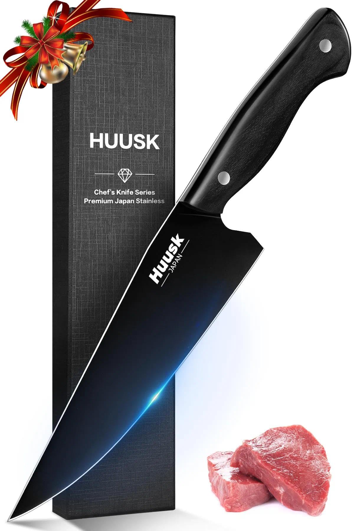 Huusk Japanese Chef Knife for Kitchen - 8in Stainless Kitchen Knife with Black Titanium Coating, All Purpose Cooking Knives for Vegetable & Meat Cutting, Ultra Sharp Gyuto Knives, Men's Christmas Gift