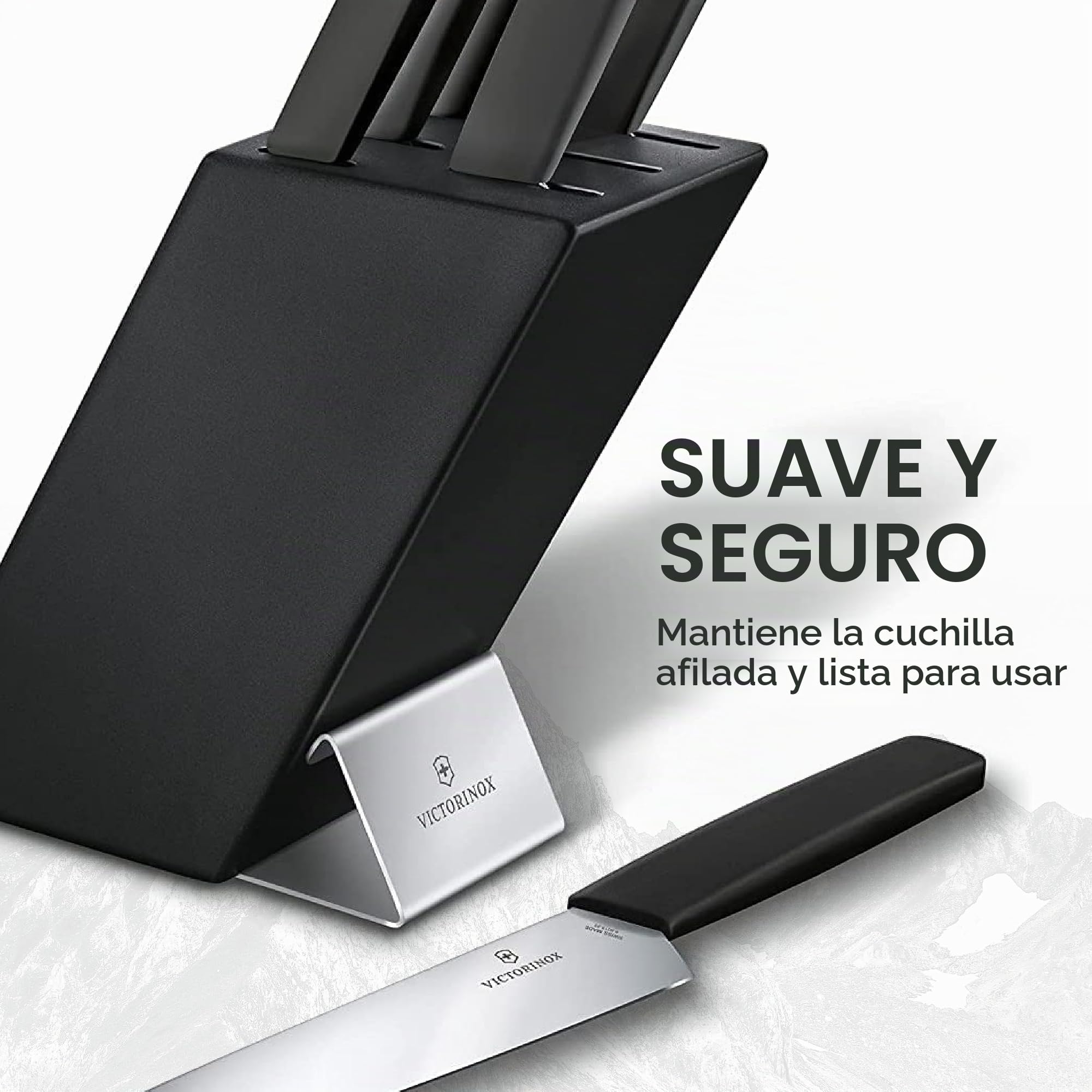 Victorinox Swiss Modern Soporte para 6 cuchillos, incluyendo 5 cuchillos de cocina y 1 tenedor, fabricado en madera de haya lacada en negro