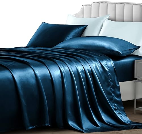 NSGZ Juego de sábanas de satén de 4 piezas tamaño matrimonial, juego de sábanas de satén sedoso con 1 sábana bajera, 1 sábana encimera y 2 fundas de