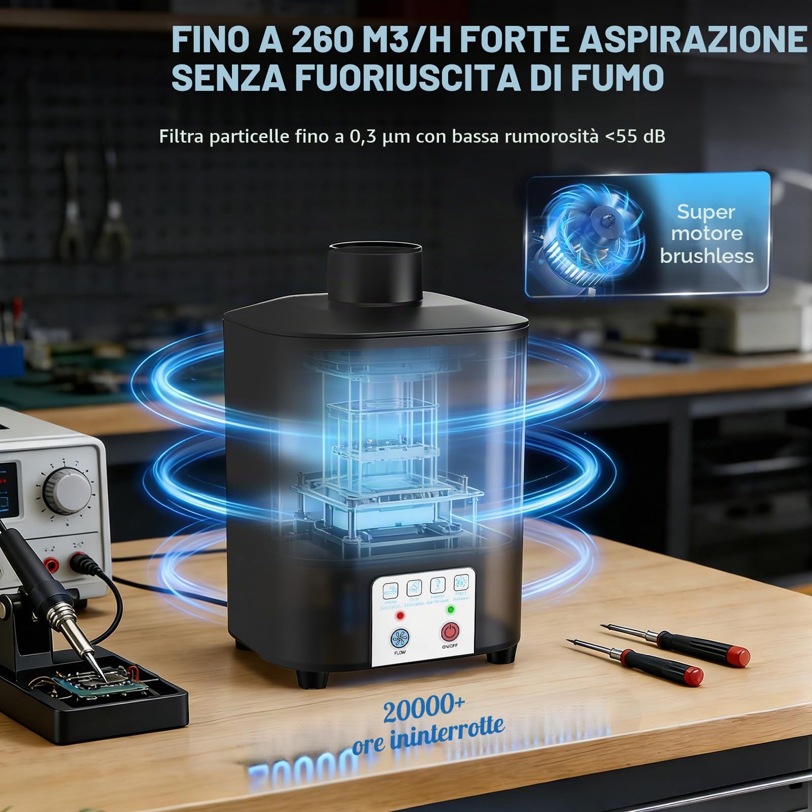 Estrattore di Fumi di Saldatura 50W 128m³/h, Aspiratore di Fumi Laser con Filtro 3 Stadi HEPA H12 e Carbone Attivo – Efficienza 99,97% per Saldatura Incisione Officina Garage