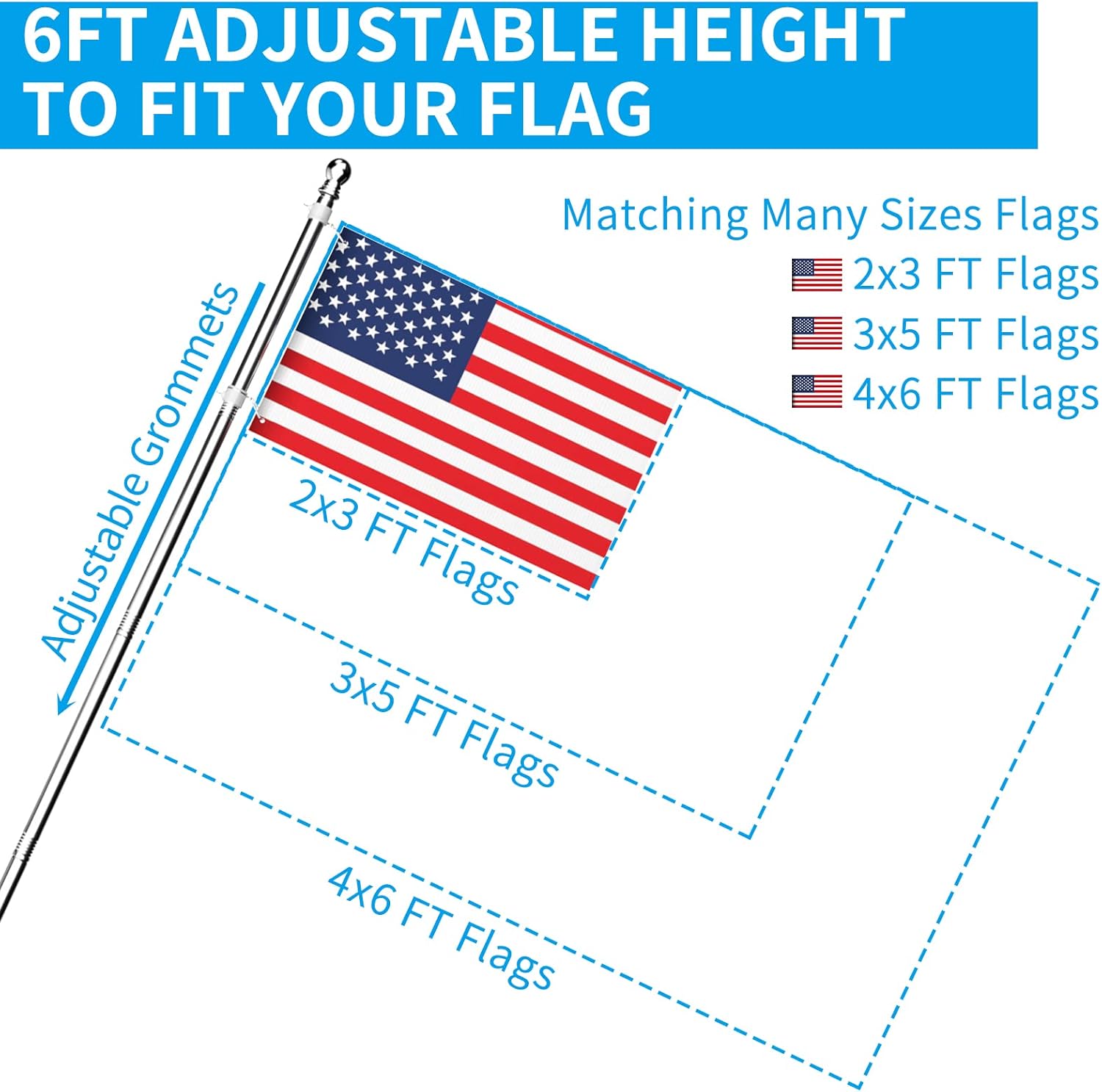ZMTECH Flag Pole - Upgraded Bracket, 6 FT Stainless Steel Flag Poles for Outside House, Residential or Commerical, Tangle Free Flag Pole Kit for American Flag (Without Flag, Silver) - Image 6
