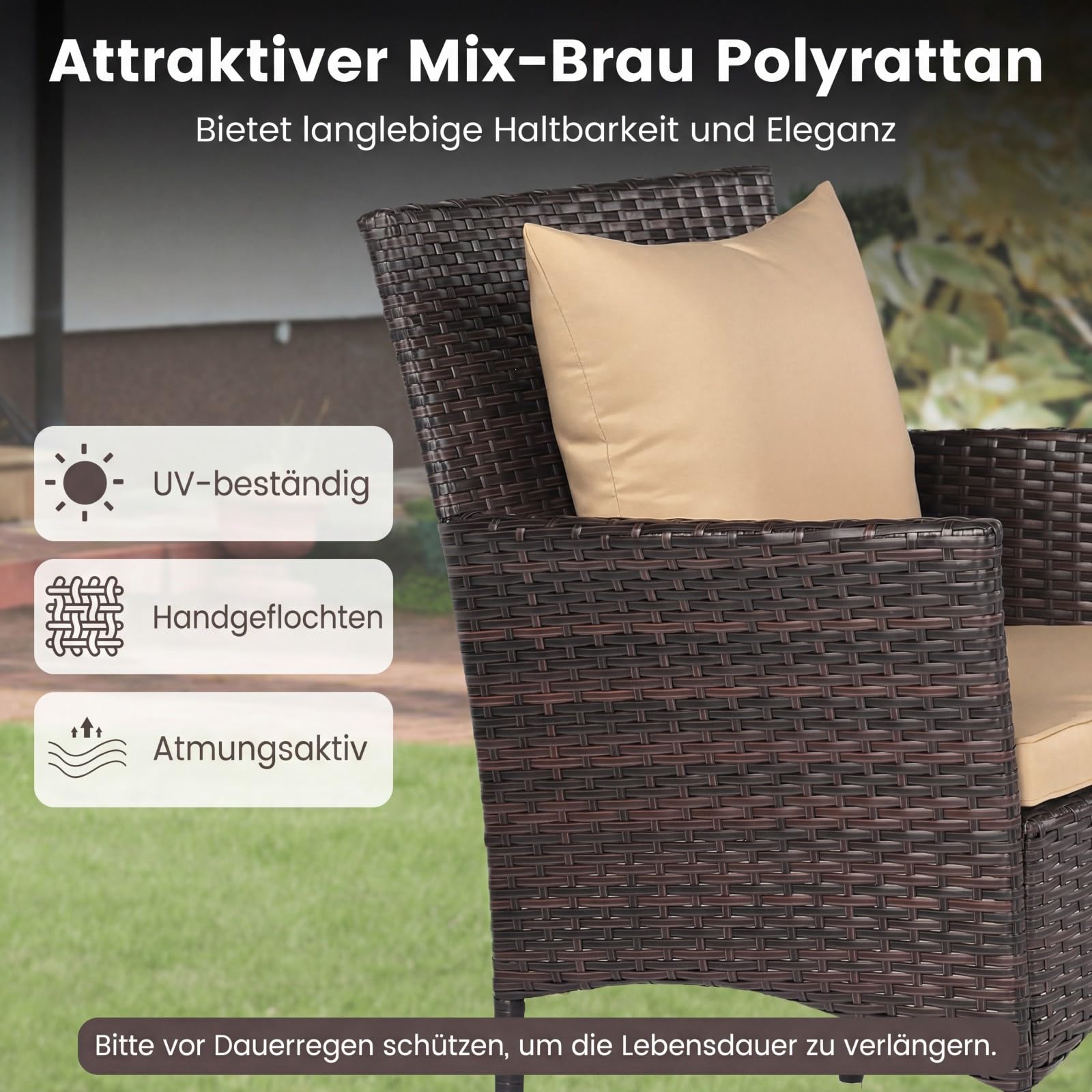 COSTWAY Rattan Gartenmöbel Set, Balkonmöbel Kleiner Balkon, Balkon Möbel mit 2 Sessel, Glastisch und Kissen, Gartenlounge 2 Personen, Sitzgruppe für Garten, Veranda, Poolbereich (Mix Braun+Beige)