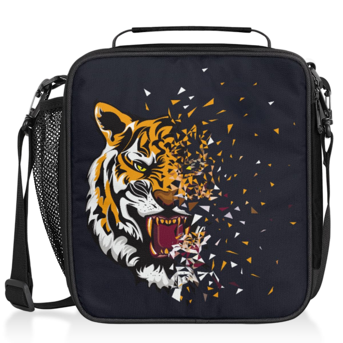 Insulated Lunch Box for Boys Girls, Reusable Lunch Bags with Adjustable Shoulder Strap and Water Bottle Holder for Kids Adult, Tiger Lunch Tote Bag