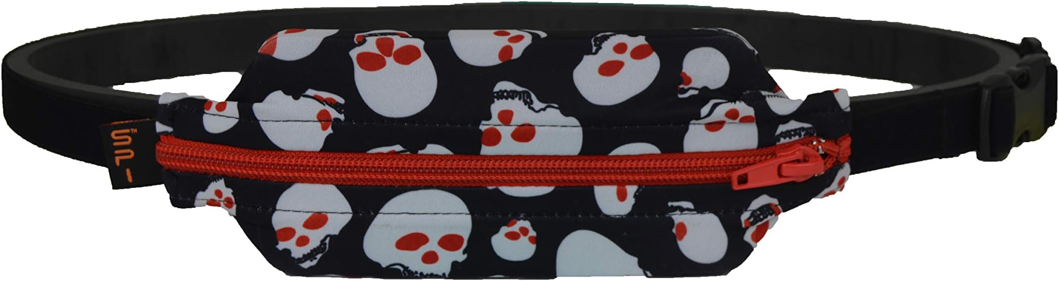SPIbelt Kids No-Bounce Belt with Hole for Insulin Pump, Medical Devices or Headphones for Active Kids! (Skull with Red Zipper)