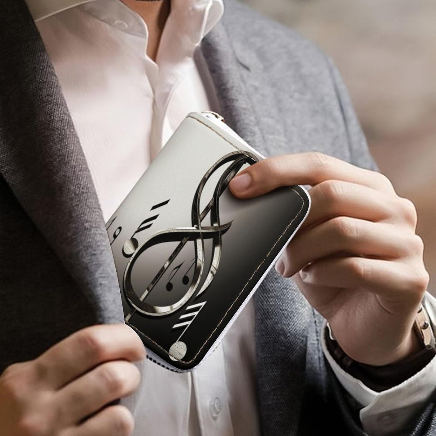 Leather Card Organizer Case Card Wallet Credit Card Holder Music Symbol Printed Zipper Card Cases Holder for Women Men