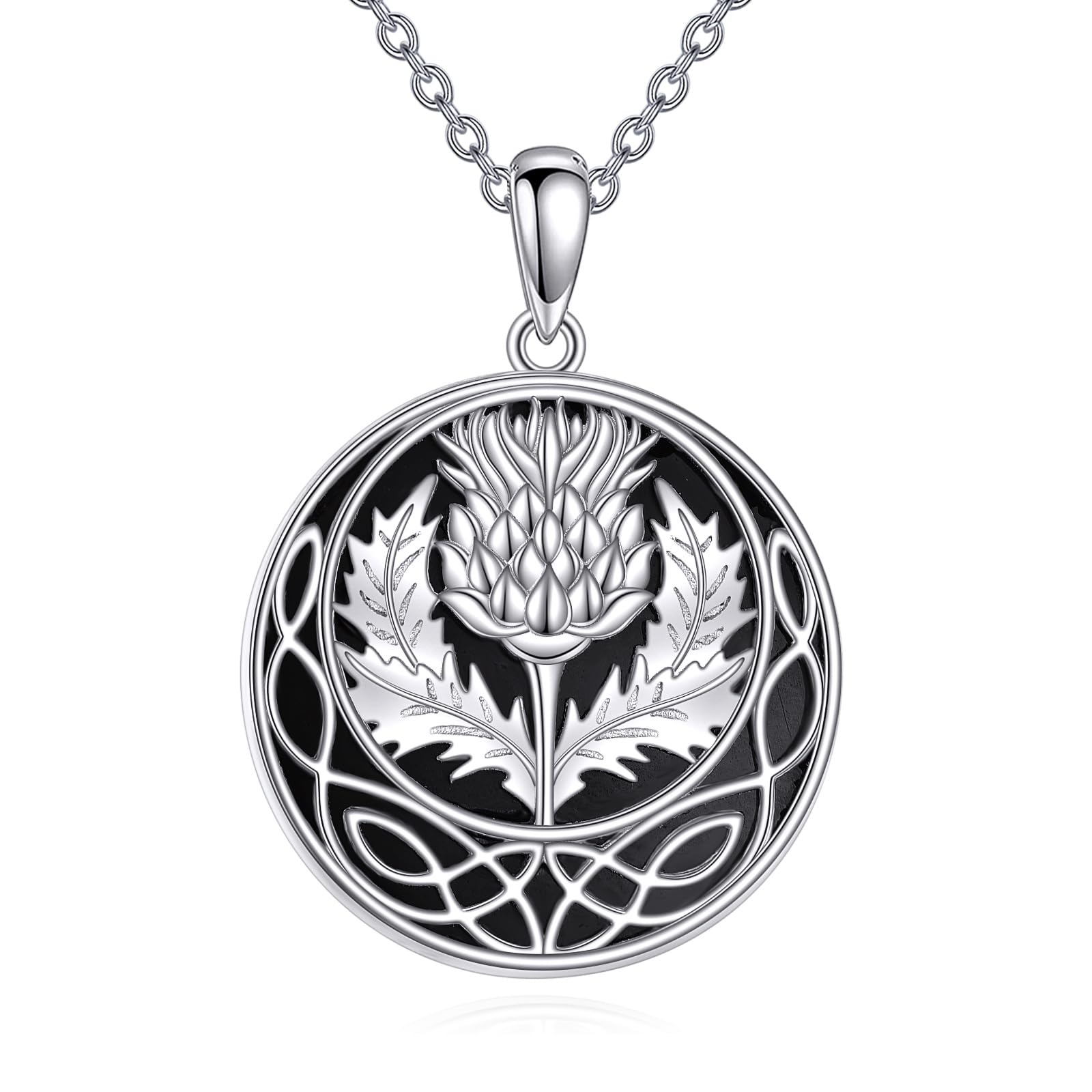 Schottische Distel-Halskette Sterling Silber Schottische Distel-Keltischer Knoten Halskette Schwarzer Onyx Schottland Blumen Anhänger Schmuck Geschenke für Damen Frauen Weiblich.