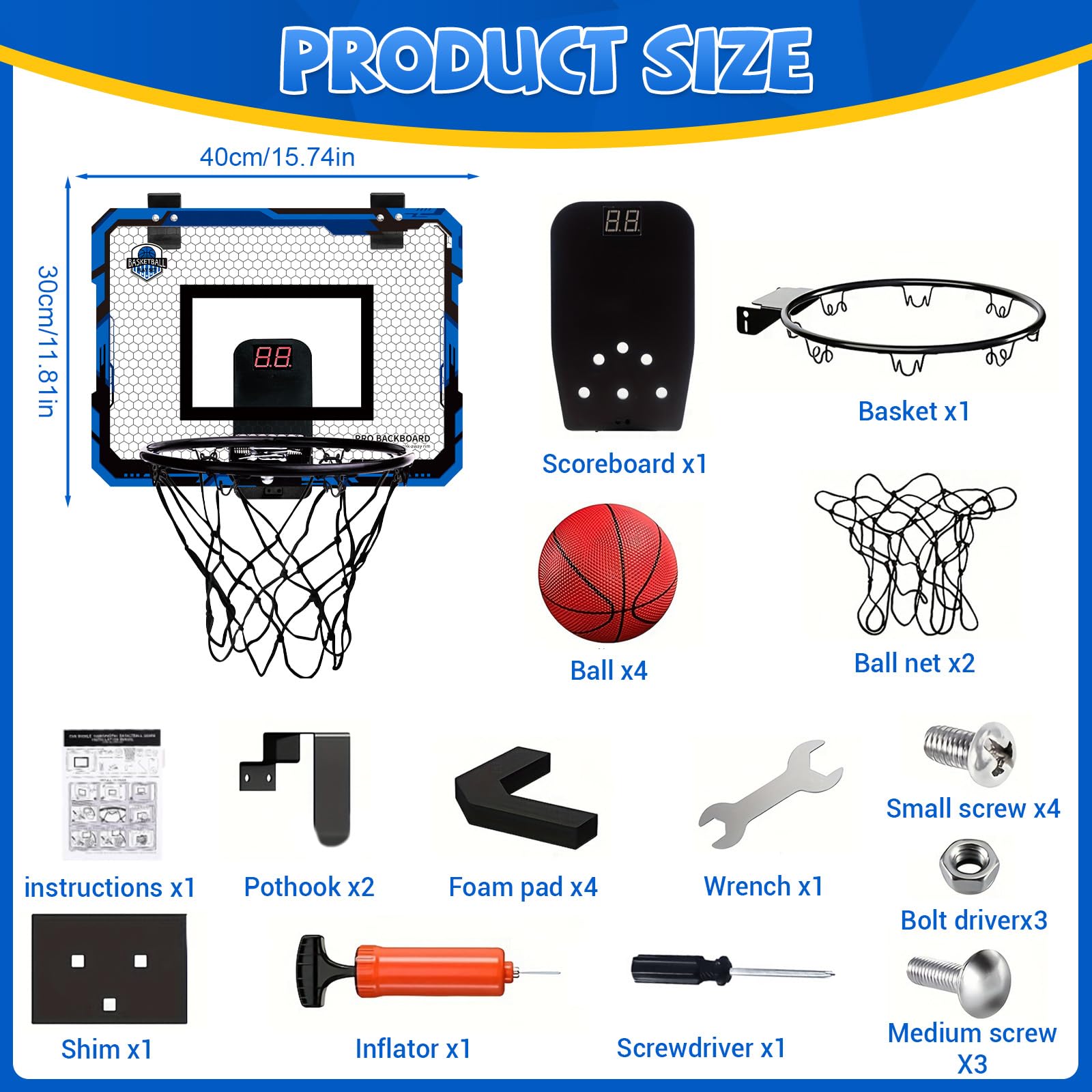 Canasta Baloncesto Infantil,Mini Canasta de Baloncesto Interior,con puntuación automática,4 Pelotas,2 Redes,Aro Baloncestos Interior Exterior Pared para de 5 6 7 8 9 10 11 niños niñas（Azul）