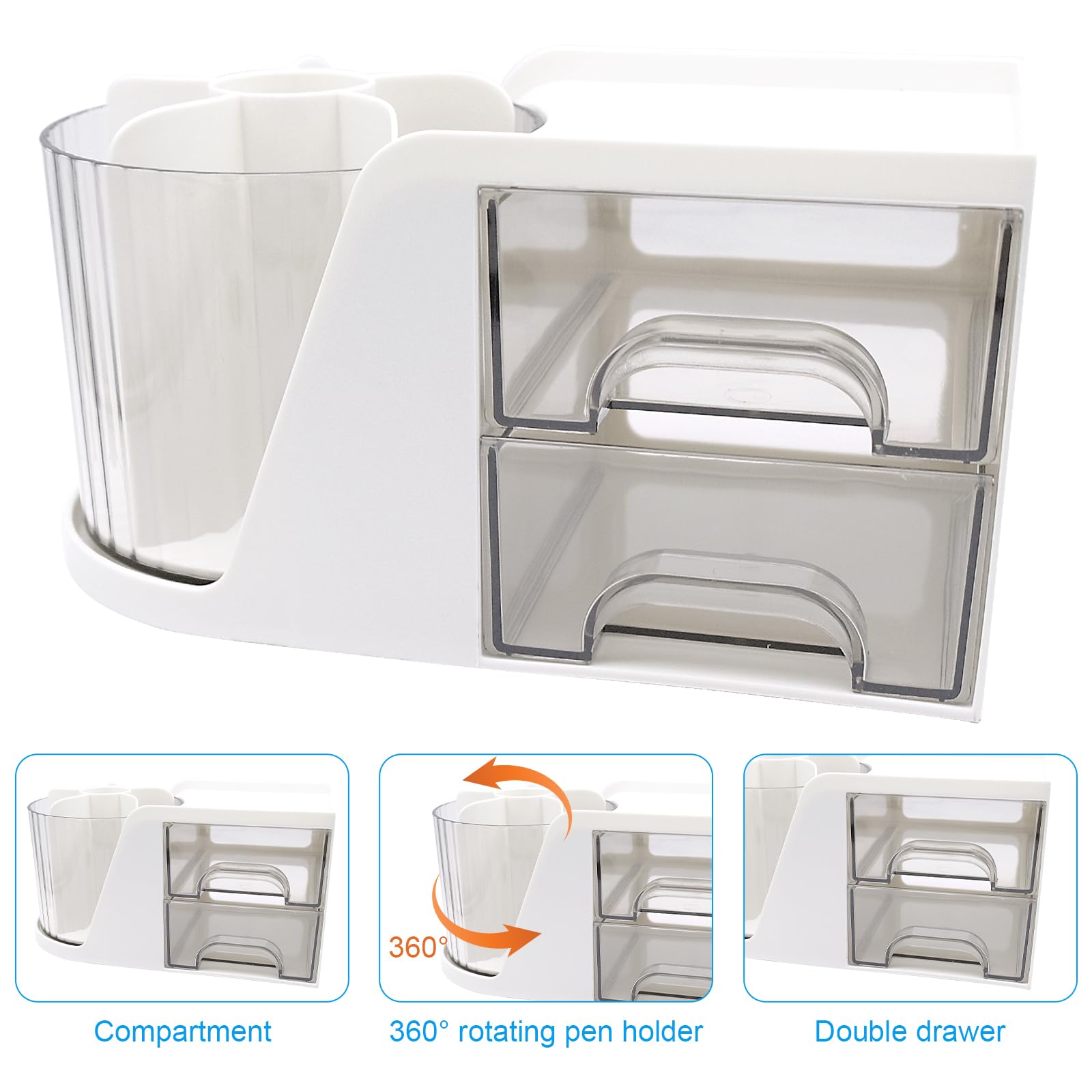 HVIHWI Desk Organiser, 360 Degree Rotating Pen Holder, Desk Organisers Accessories with 2 Drawers - Image 3