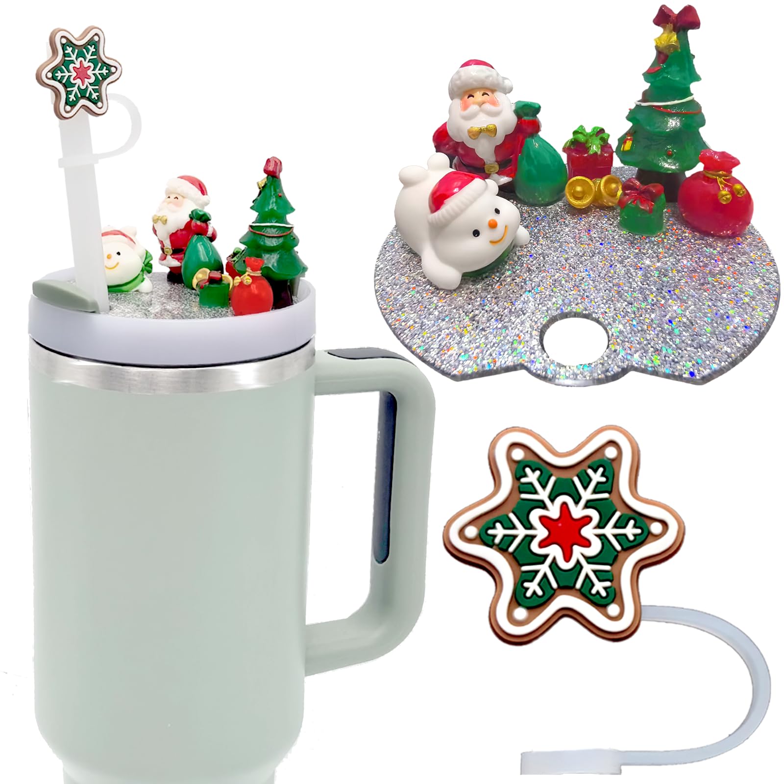 VRHGL Accessories Compatible with Stanley Cup Lid, Silicone Snowflake Christmas Straw Toppers for Stanley Cup H2.0 Holiday Lid Accessories 40 OZ,Gift