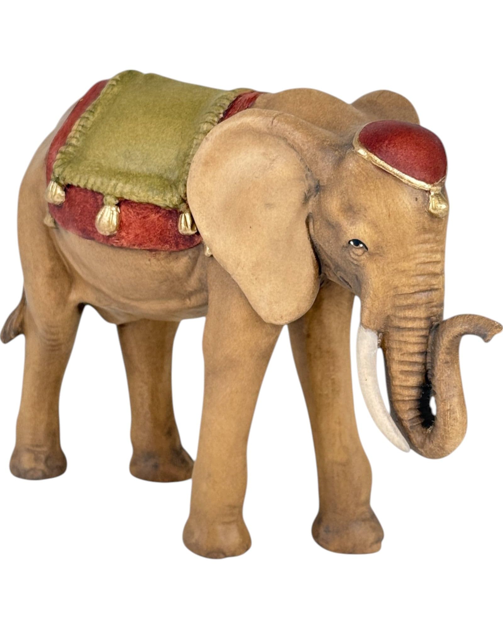 Dolfi Elephant with Saddle and Trunk Raised 8 cm | Natural Wood in Val Gardena | Nativity Scene