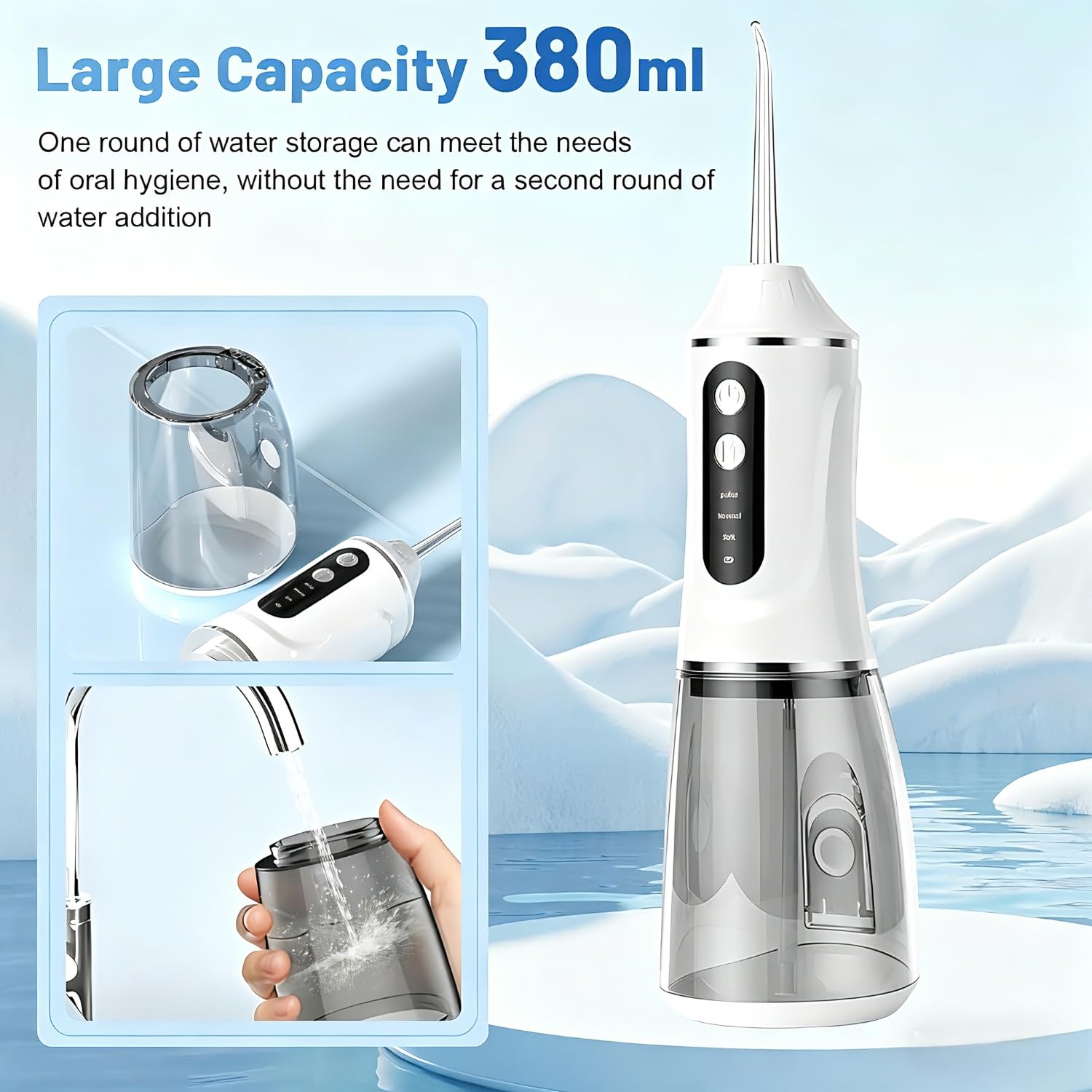 Idropulsore Dentale Portatile, Irrigatore Orale Senza Fili Impermeabile IPX7 con 3 Modalità e 4 Ugelli, Serbatoio da 380ml, Tecnologia a Impulsi e Grande Autonomia per Uso Domestico e Viaggi