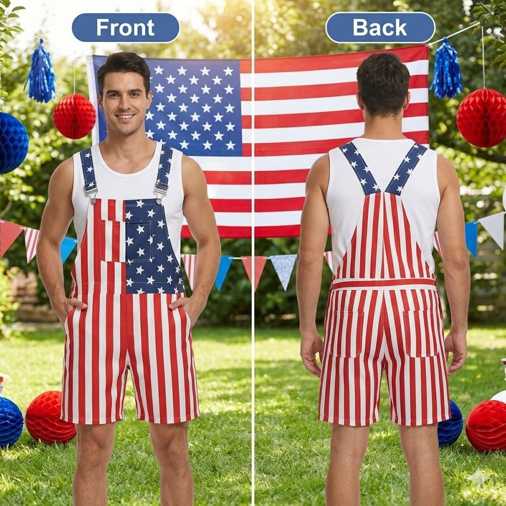 American Flag Overalls for Men Women 4th of July Bib Overalls Denim Patriotic Outfit with Sunglasses Sock Stickers
