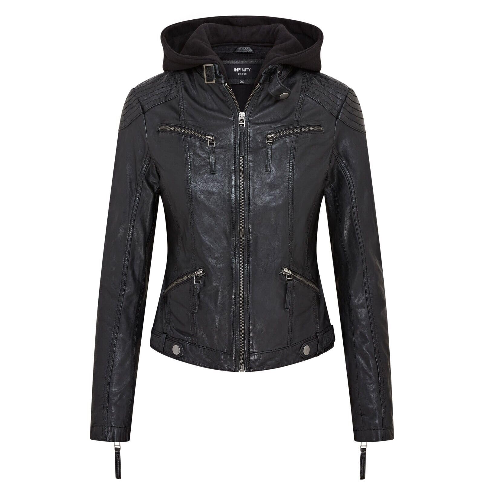 Infinity Leather Women's Black Hooded Classic Biker Jacket - Brazzaville In | : Size 12