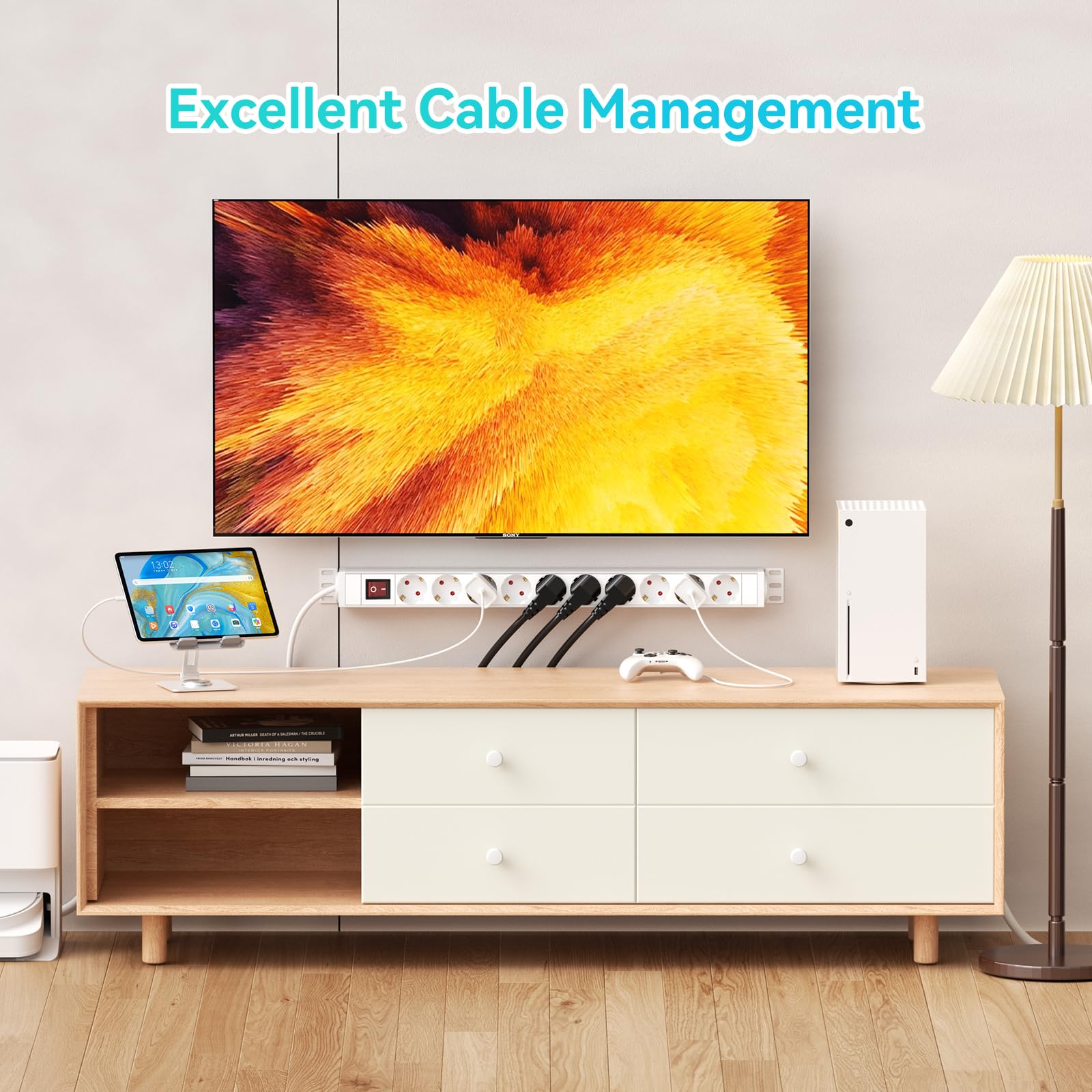 10 voudige Stekkerdoos met USB C/A 20W Snelladen en Overspanningsbeveiliging, Schakelaar, wandmontage, 1,5m Kabel, Brede Stopcontacten voor PC Gaming Setup,Bureau, Kantoor en Thuis, 16A/3680W