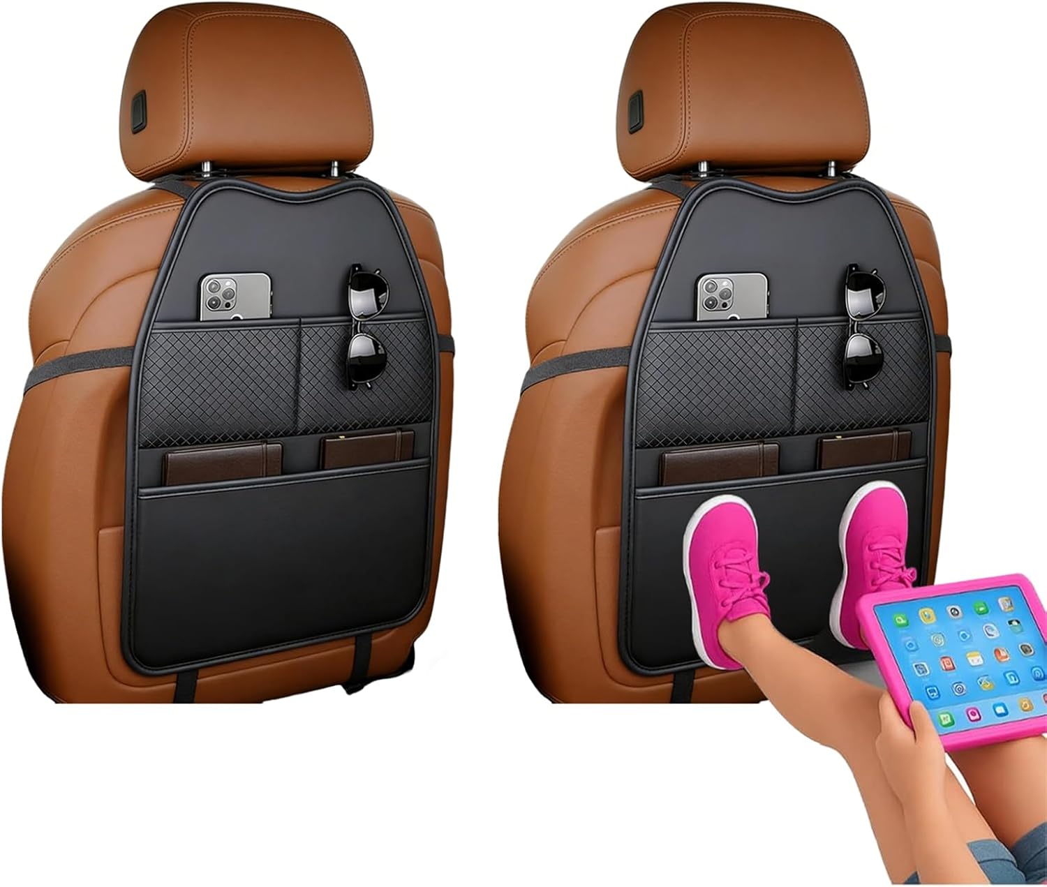 2 Pack Seat Back Protector - Leather Kick Mat with Storage Pockets, Front & Back Seat Cover for Kids -Large Capacity Car Seat Organizers and Storage for Child, Splashproof & Easy Clean