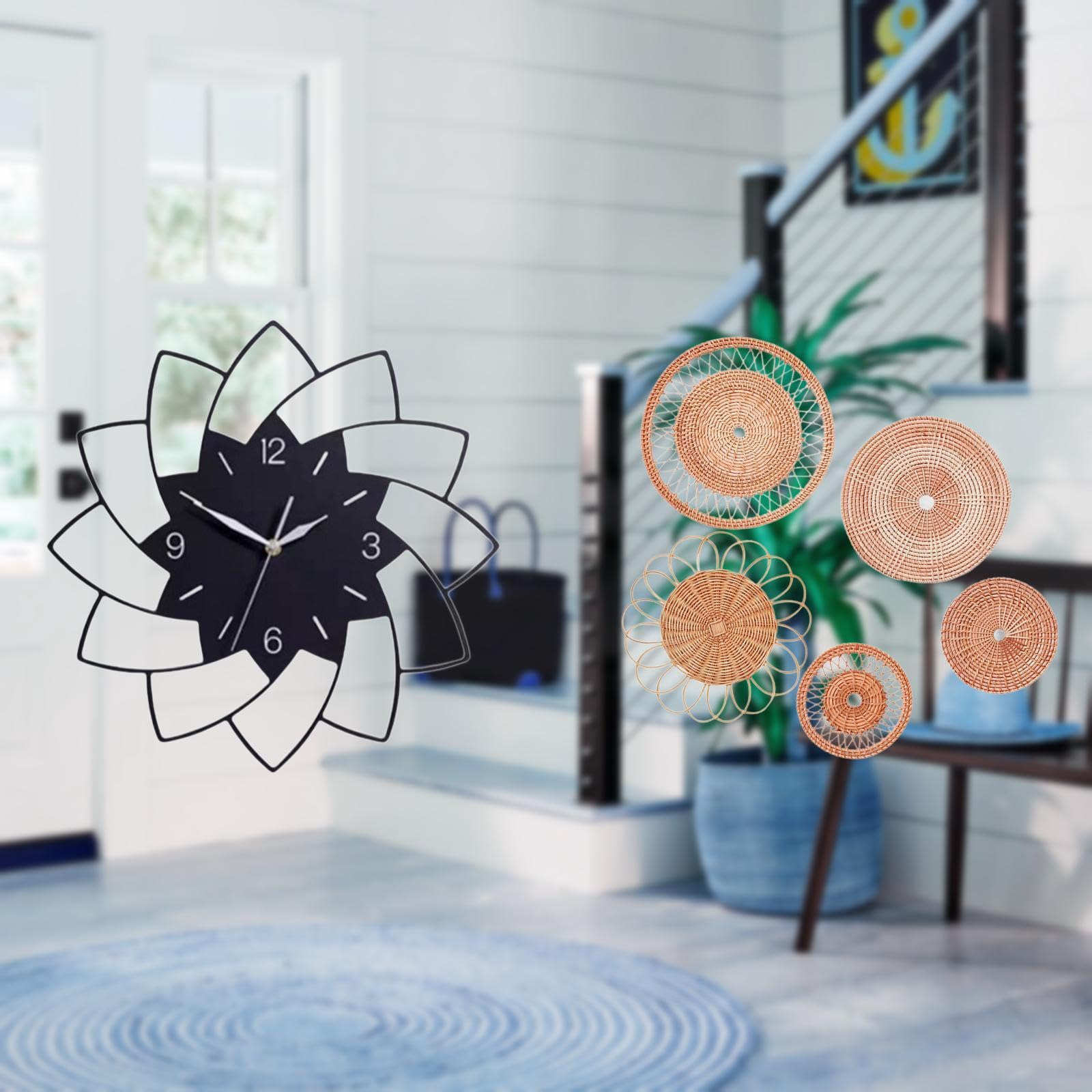 Acrylic Wall Clock Flower Shaped Hanging Clock Unique Rattan Woven Art Crafts for Bedroom Cafe Tea Room Hallway Porch Decor-image-48