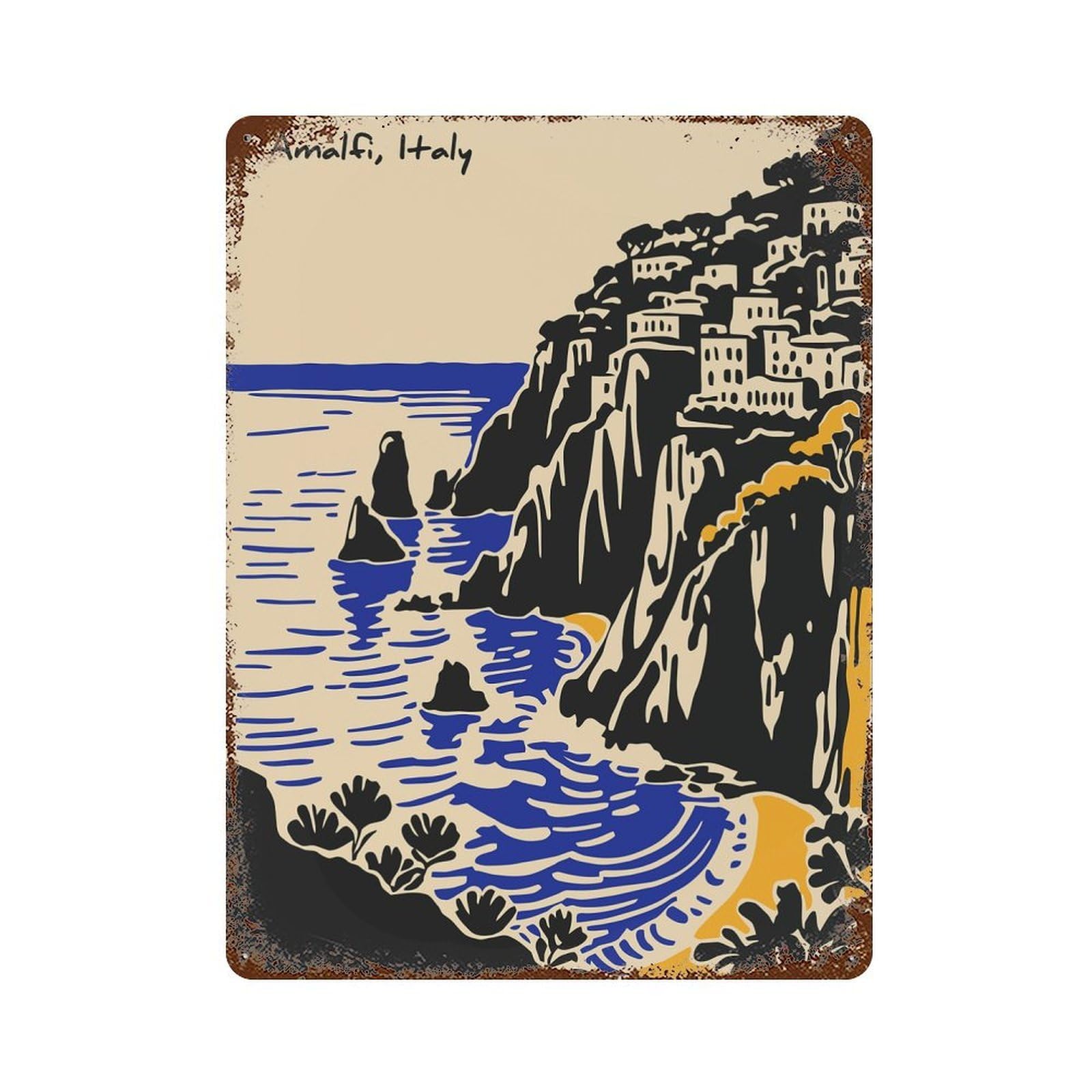 Amalfi Coast Italy Illustration 15.7"x11.8" Vintage Rust Metal Sign, Classic Wall Plaque for Pub, Kitchen And Man Cave Decor