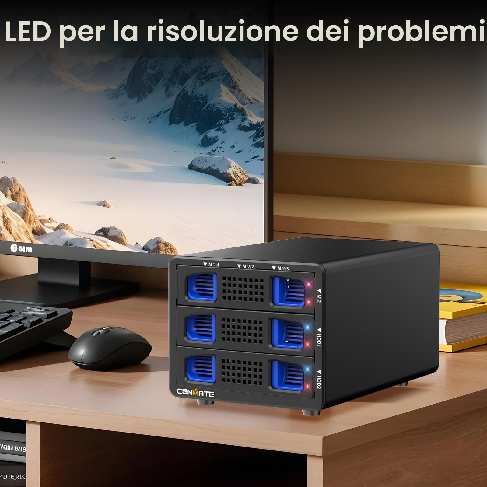 Case Hard Disk RAID ibrida 2*3,5 HDD+3*M.2 con Ventola per HDD/SSD SATA da 2,5/3,5", USB3.2 Gen2 10Gbps Supporto Case NVMe 2230/42/60/80/110 SSD con capacità di 68TB (2*22TB HDD+3*8TB M.2 SSD)