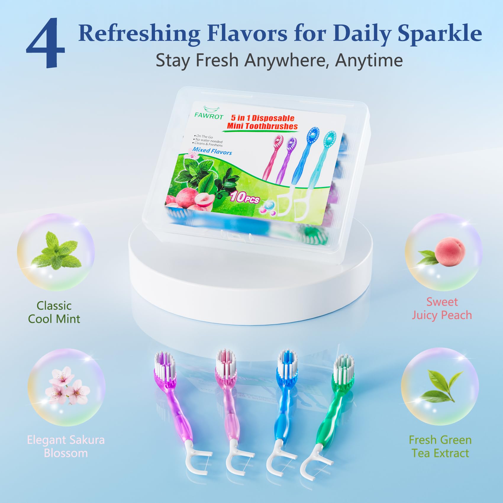 Spazzolini usa e getta con dentifricio: spazzolino portatile 5 in 1 con raschietto per lingua + plettri + filo interdentale + perline fresche, confezionati singolarmente, set da viaggio (10