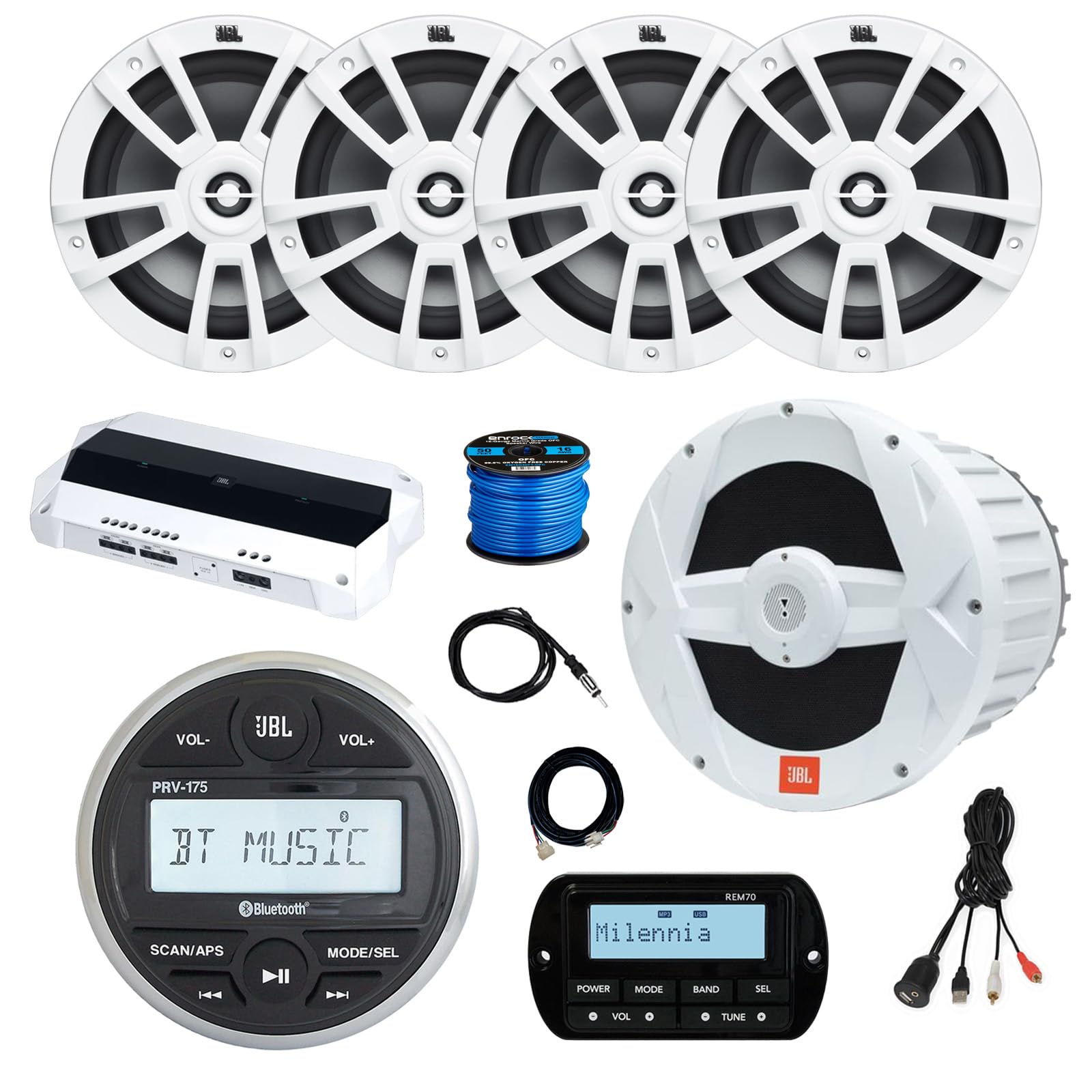 Kit Stéréo Marine JBL PRV175 Avec 4 Enceintes LED 6.5" - Récepteur AUX/USB, Télécommande, Neuf (emballage Bulk)