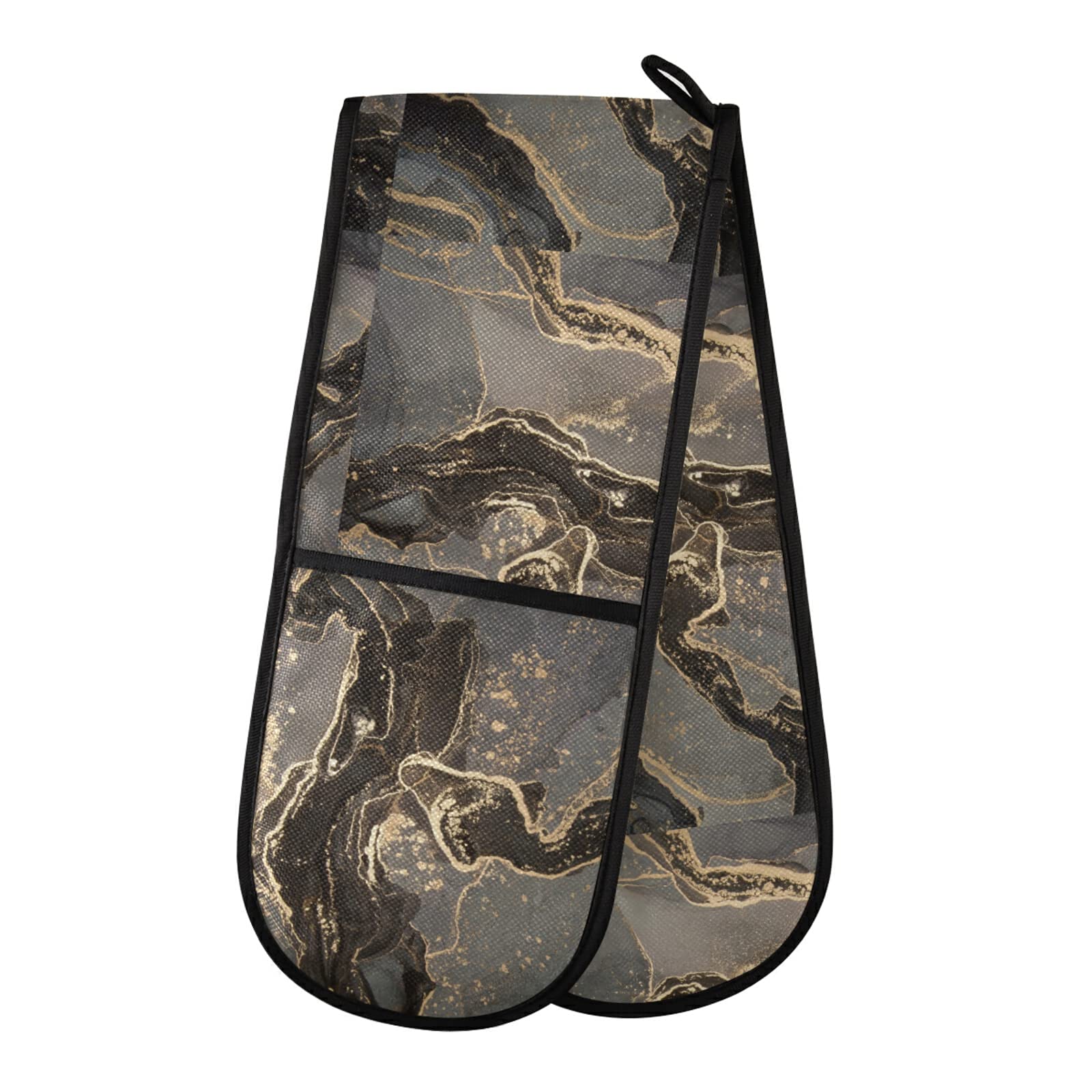 Poeticcity Multi 7 Black Gold Grey Marble Stone Marbled Mosaic With Golden Veins Lines Double Oven Mitt Gloves Extra Long Potholder High Heat Resistant For Baking Cooking Baking Grilling Handling Hots Pans 35"X7"