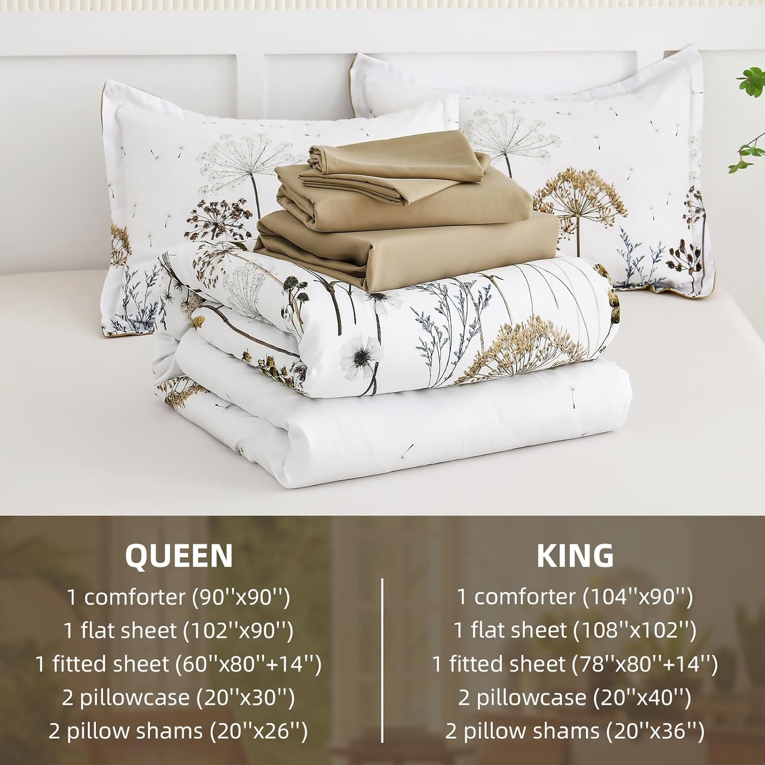 Yiran Khaki Floral Comforter Set Queen Size, 7 Piece Dandelion Botanical Plant Comforter Bedding Set, Bed in a Bag Queen, Soft Microfiber Complete Bedding Set with Sheets for All Season - Image 7