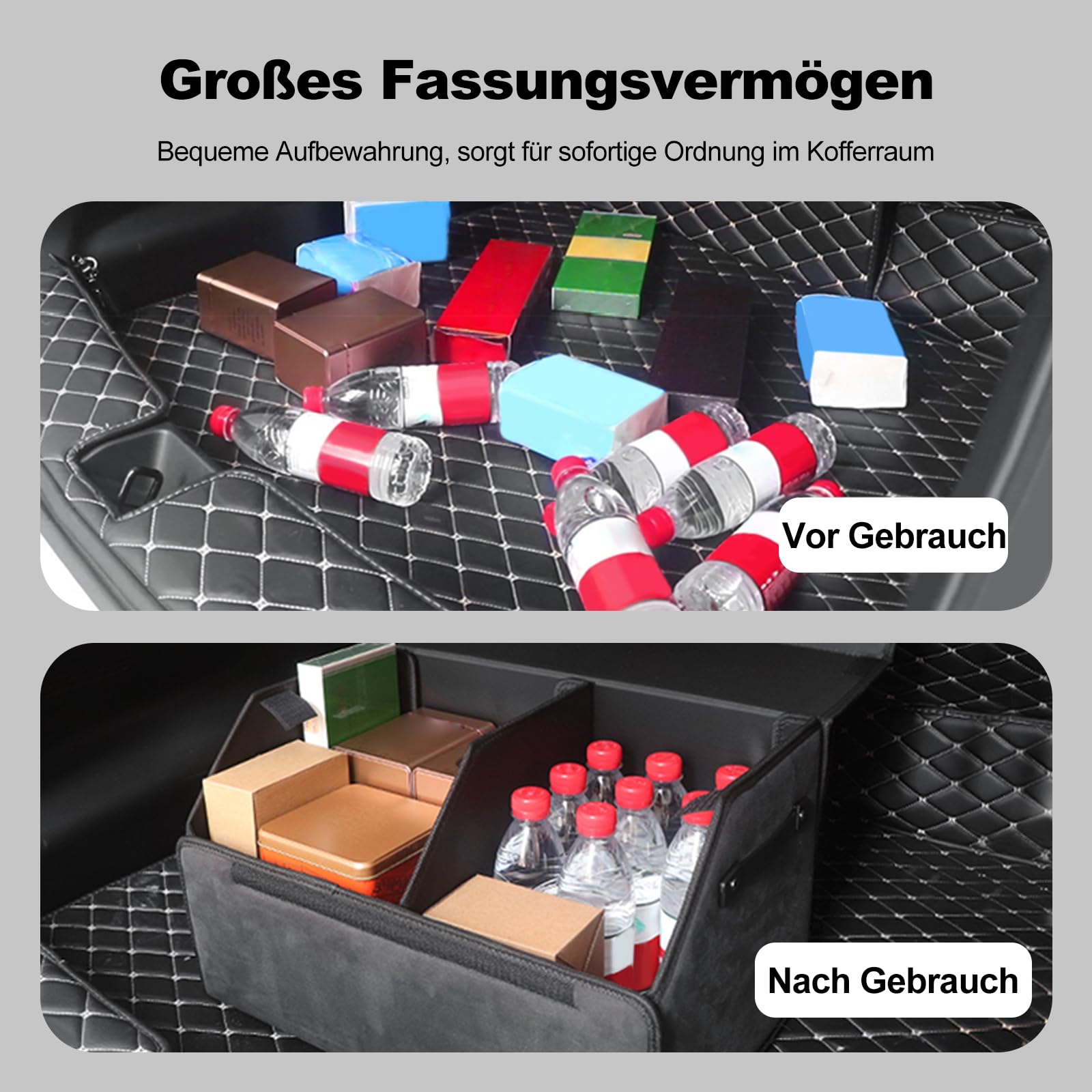 Ergocar Kofferraum Organizer, Zusammenklappbarer Aufbewahrungsbox für Auto Zubehör mit Fächern, Autotasche Auto Kofferraum Box mit Deckel und Griffe, Rutschfester Boden, Sicherheitsgurt, Praktisch