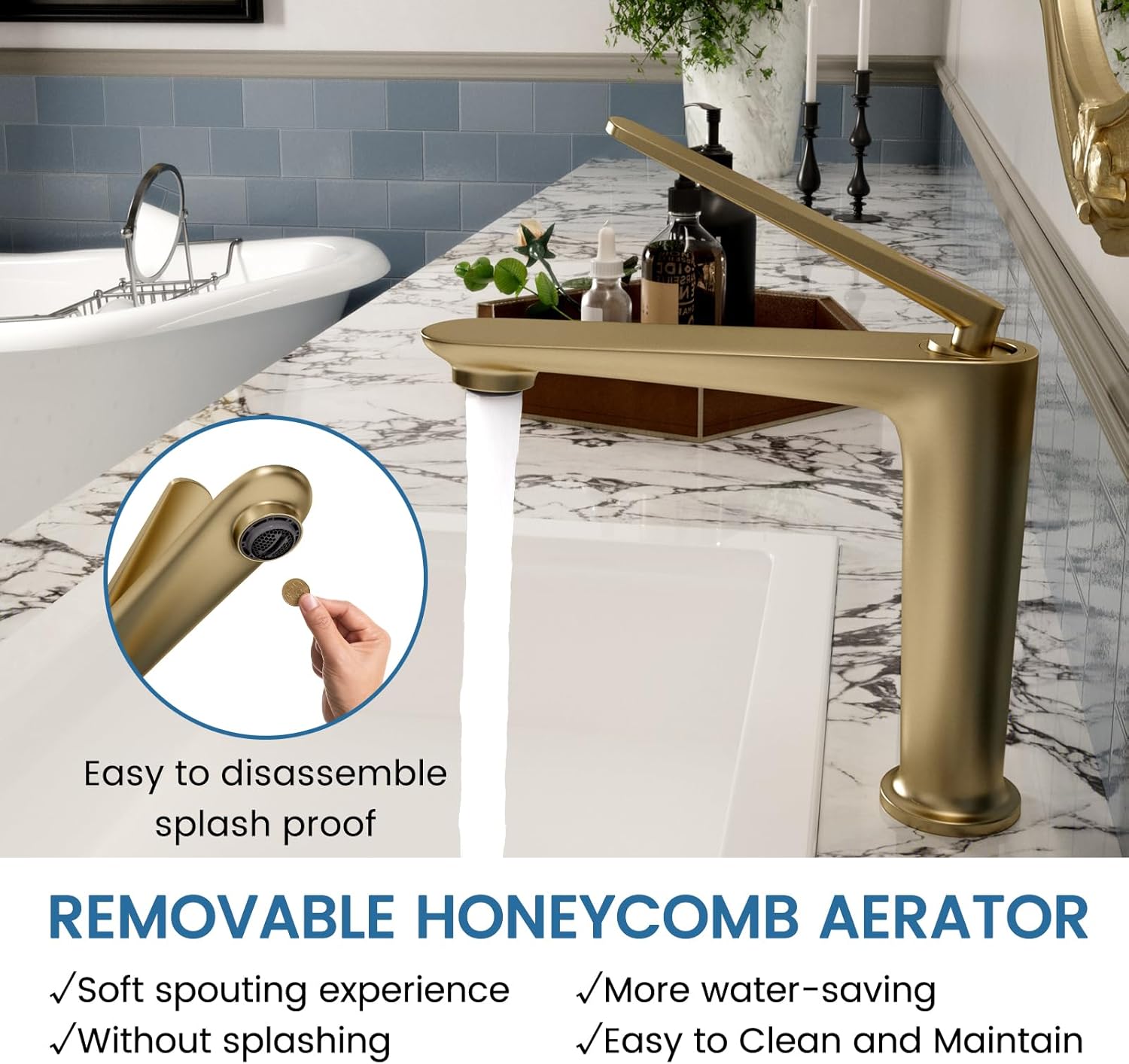 Bathroom Faucet Brushed Gold, One Hole Single Handle Vessel Sink Faucet, Brass Bathroom Faucet for Vanity Sink Restroom Guestroom RVs