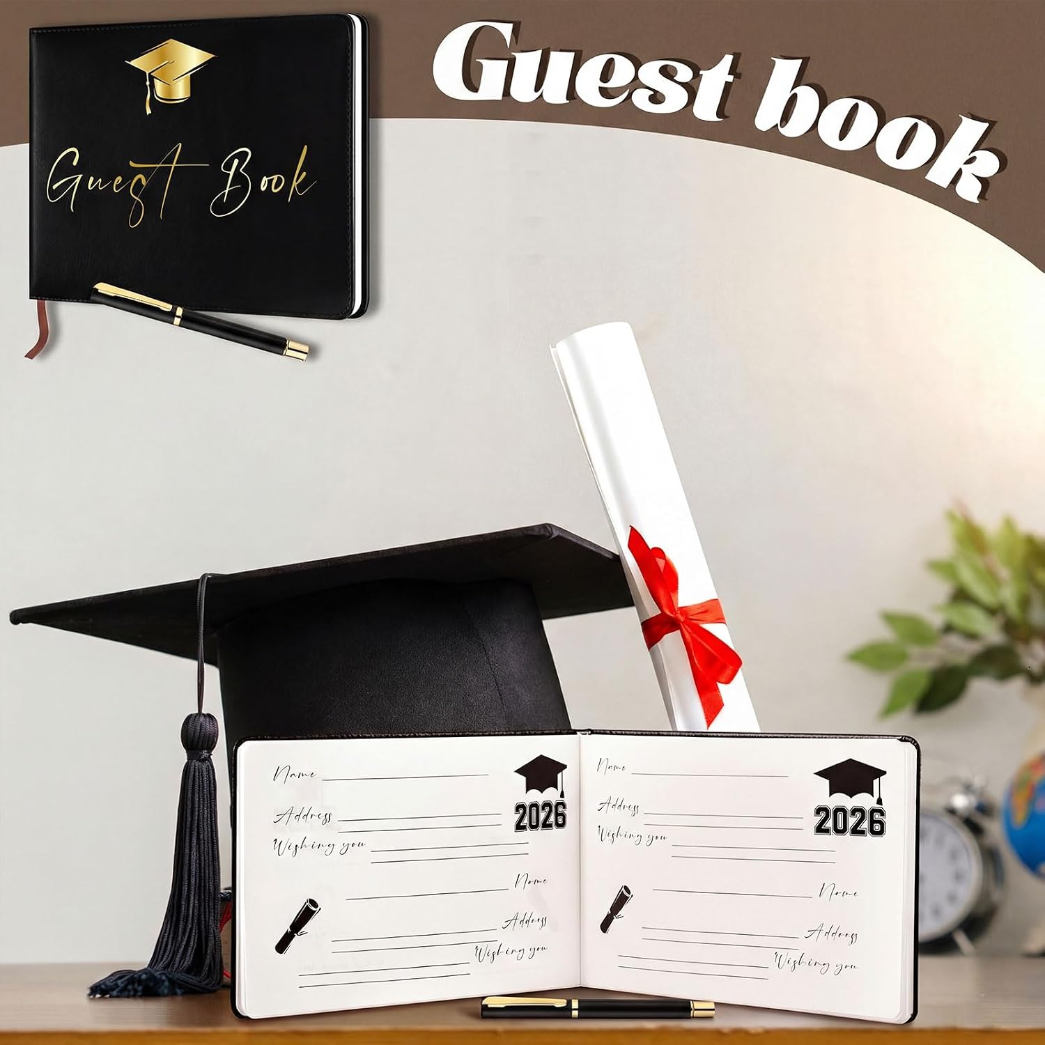 Frienda 2026 Graduation Guest Book Sign in Album Leather with Pen, Black