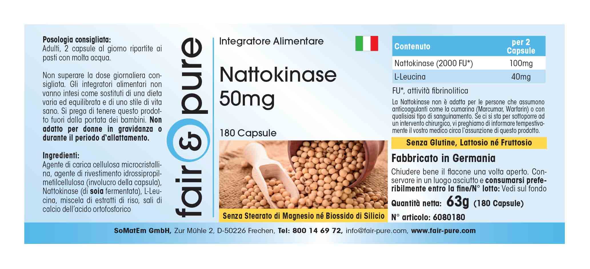 Fair & Pure Nattokinase 50mg, 180 Kapseln, schluckfreundlich, Nahrungsergänzungsmittel vegan ohne Magnesiumstearat, in Deutschland hergestellt