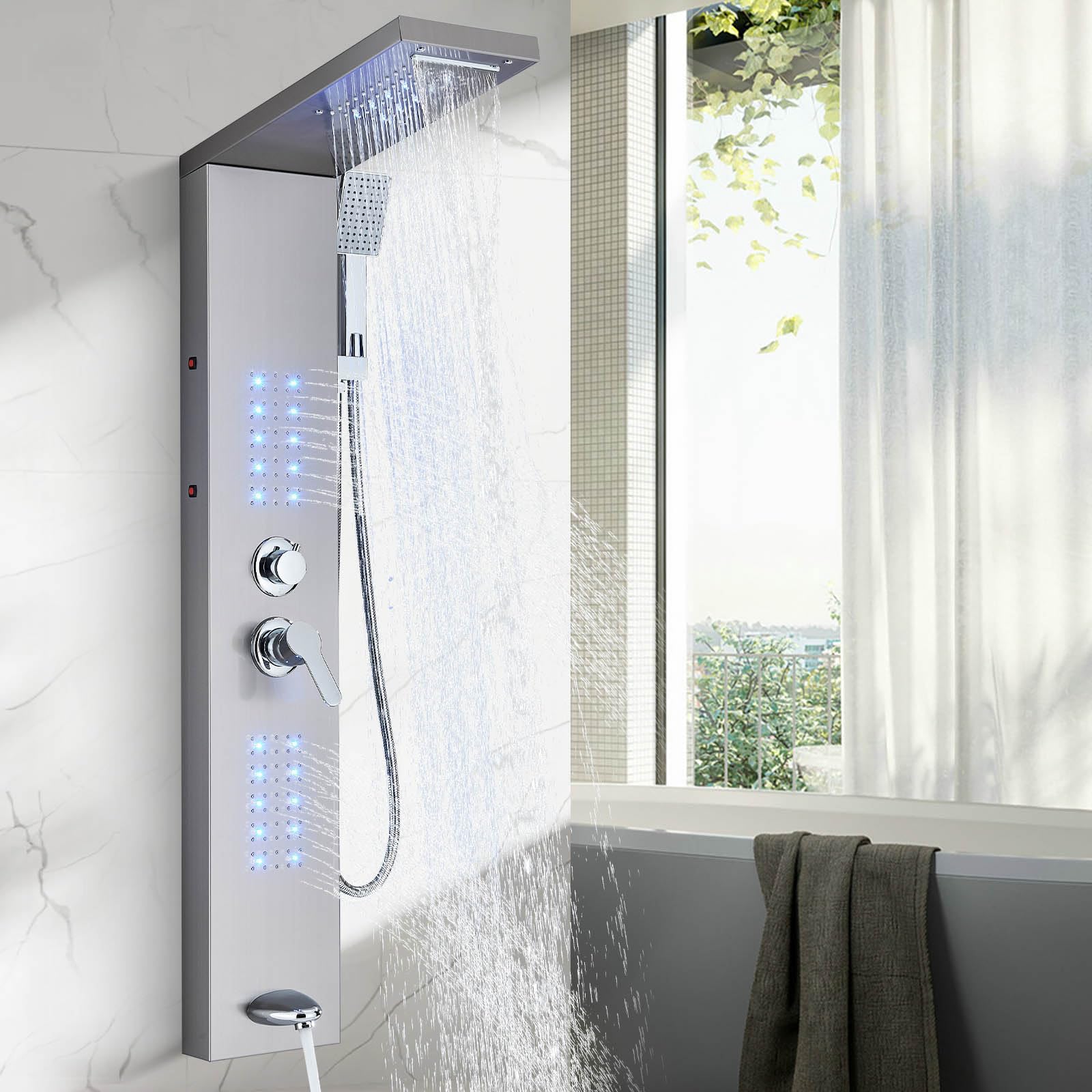TVTIUO Shower Panel Tower System with LED, Brushed Stainless Steel Shower Column, 5 Functions Bathroom Shower System with Waterfall Rainfall Shower, Massage Jets, Hand Shower & Tub Spout โ image 1