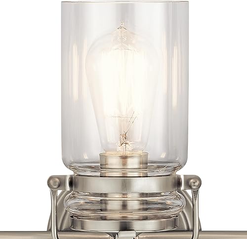 Vista 6 de Kichler Brinley - Lámpara de tocador de 24 pulgadas en níquel cepillado, lámpara de baño estilo granja de 3 luces con vidrio transparente