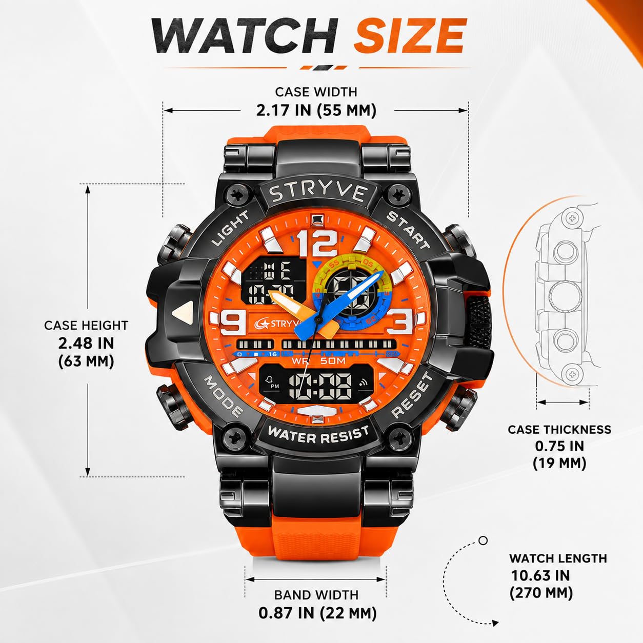 MASTOP Montre de sport colorée pour homme - Grand cadran - 55 mm - Étanche jusqu'à 50 m - Étanche jusqu'à 50 m - Style militaire - Affichage de la date - Alarme LED - Robuste - Pour l'entraînement, la