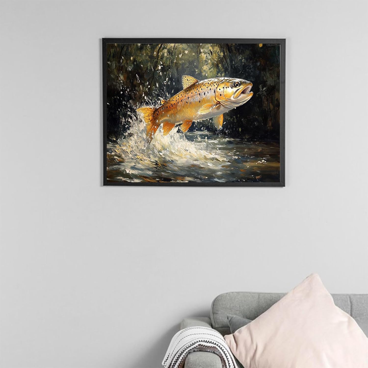 OKSGYTA Paint by Number for Adults, Trout Leaping in a Clear River, Oil Painting for Beginner, DIY Acrylic Painting Kit for Room Decor Gift 16x20 Inch No Frame