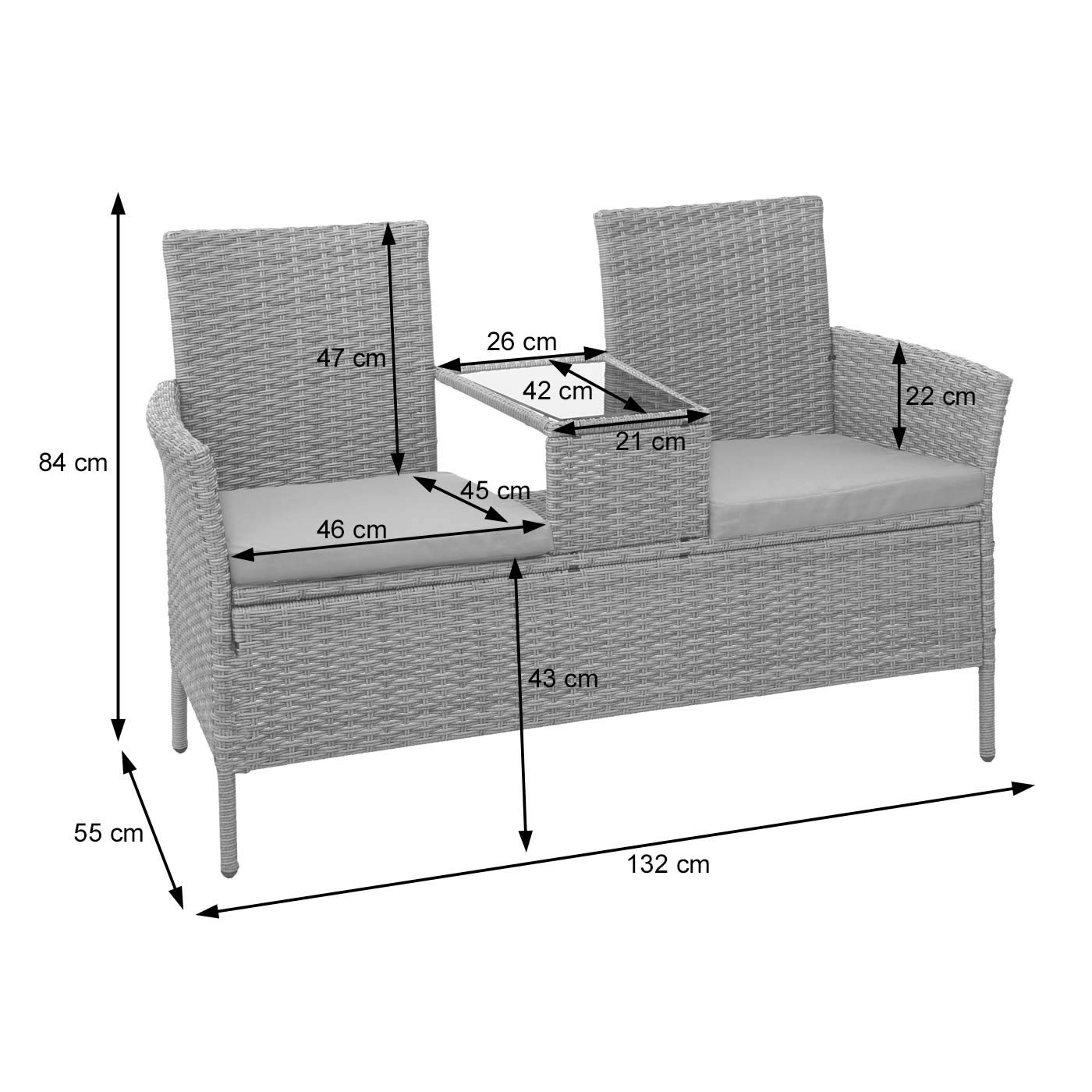 Mendler Poly-Rattan Sitzbank mit Tisch HWC-E24, Gartenbank Sitzgruppe Gartensofa, 132cm - grau, Kissen Creme
