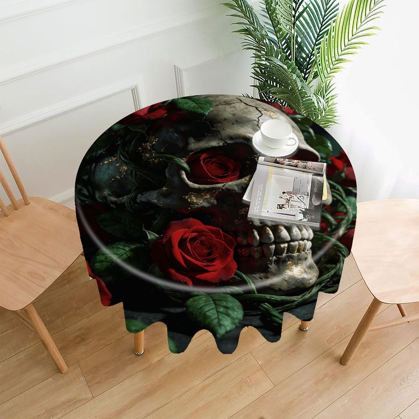 FekiLoot Skulls and Roses Round Tablecloth Cover 60 Inch Wrinkle Free Washable Polyester Fabric Table Cover Decorative Round Table Cloth for Home Dining Kitchen Party Farmhouse