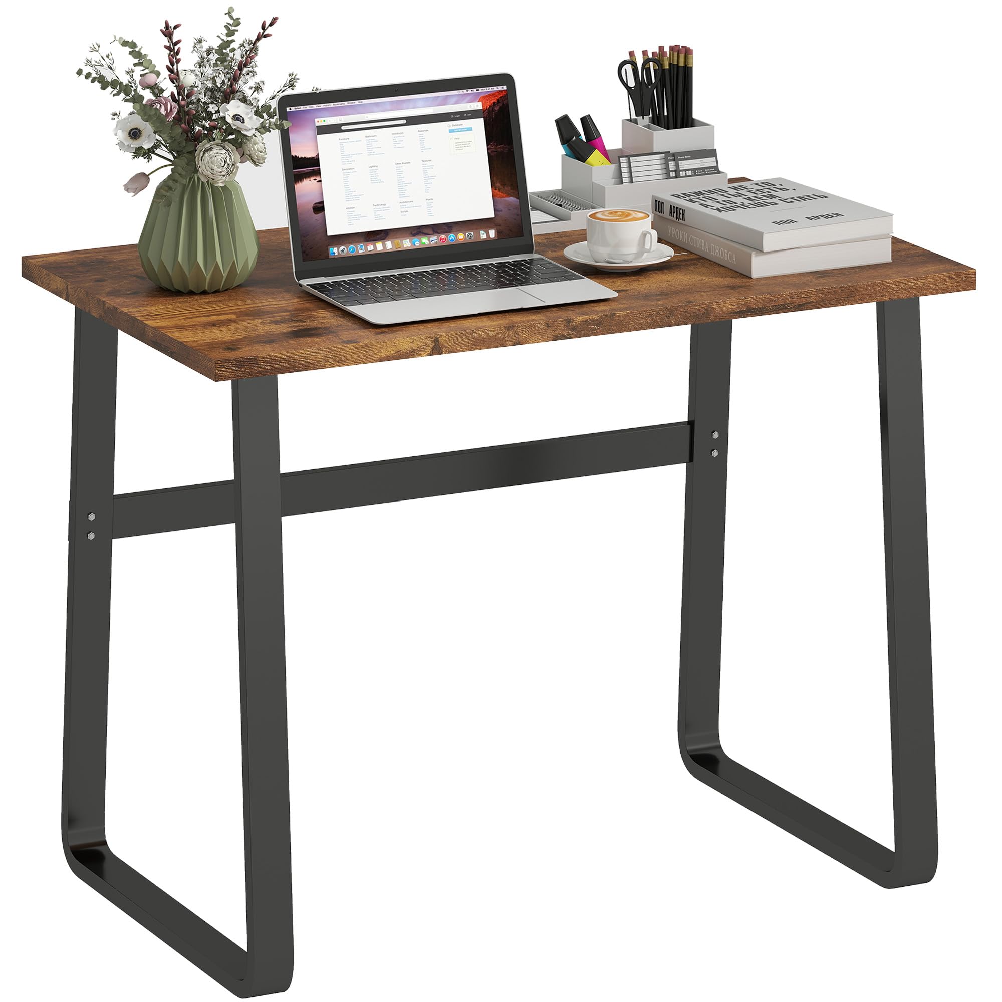 HOMCOM Computer Desk, Writing Desk with Steel Frame, Rustic Brown and Black | Industrial Home Study Table, 100 x 58 x 74.5cm