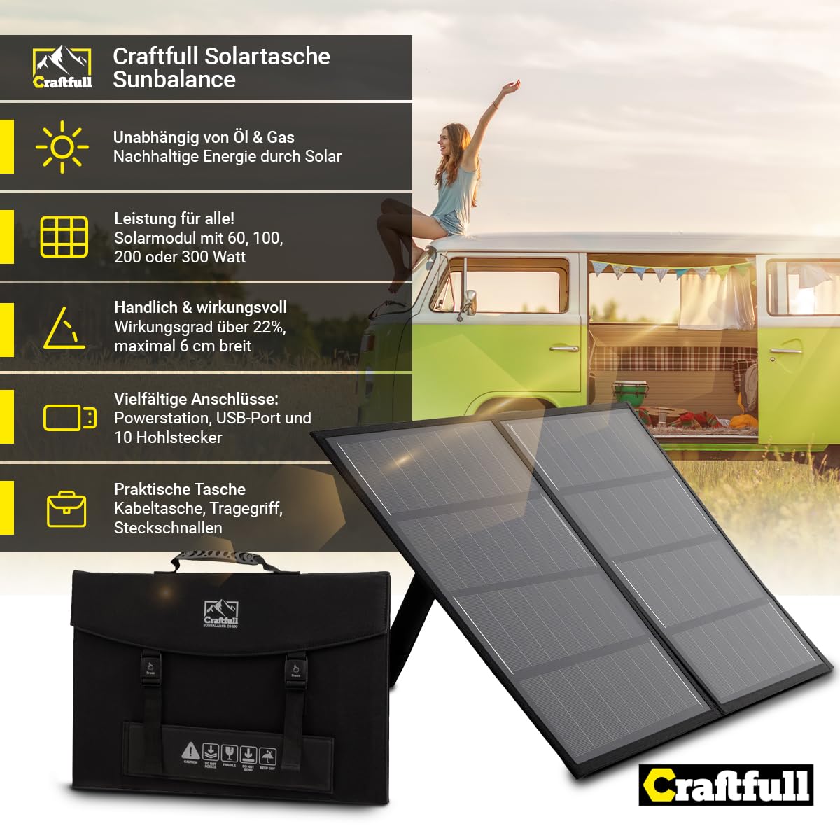 Craftfull Solarpanel faltbar | Solartasche Sunbalance - 60w 100w 200w 300w - Solar Ladegerät mit Tasche für tragbare Powerstation - Photovoltaik Solarmodul - USB Anschluss - Solargenerator (200 Watt)