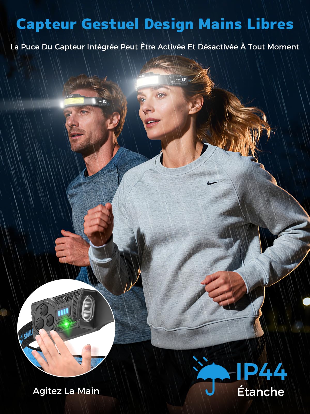Smiling Shark TS-4 Lampe Frontale, LED Head Lamp Rechargeable 2400mAh 2x Projecteur Orientable & Flood & Strobe Headlamp avec Capteur de Mouvement pour Camping, Jogging, Randonnée, Course (2 PACK)